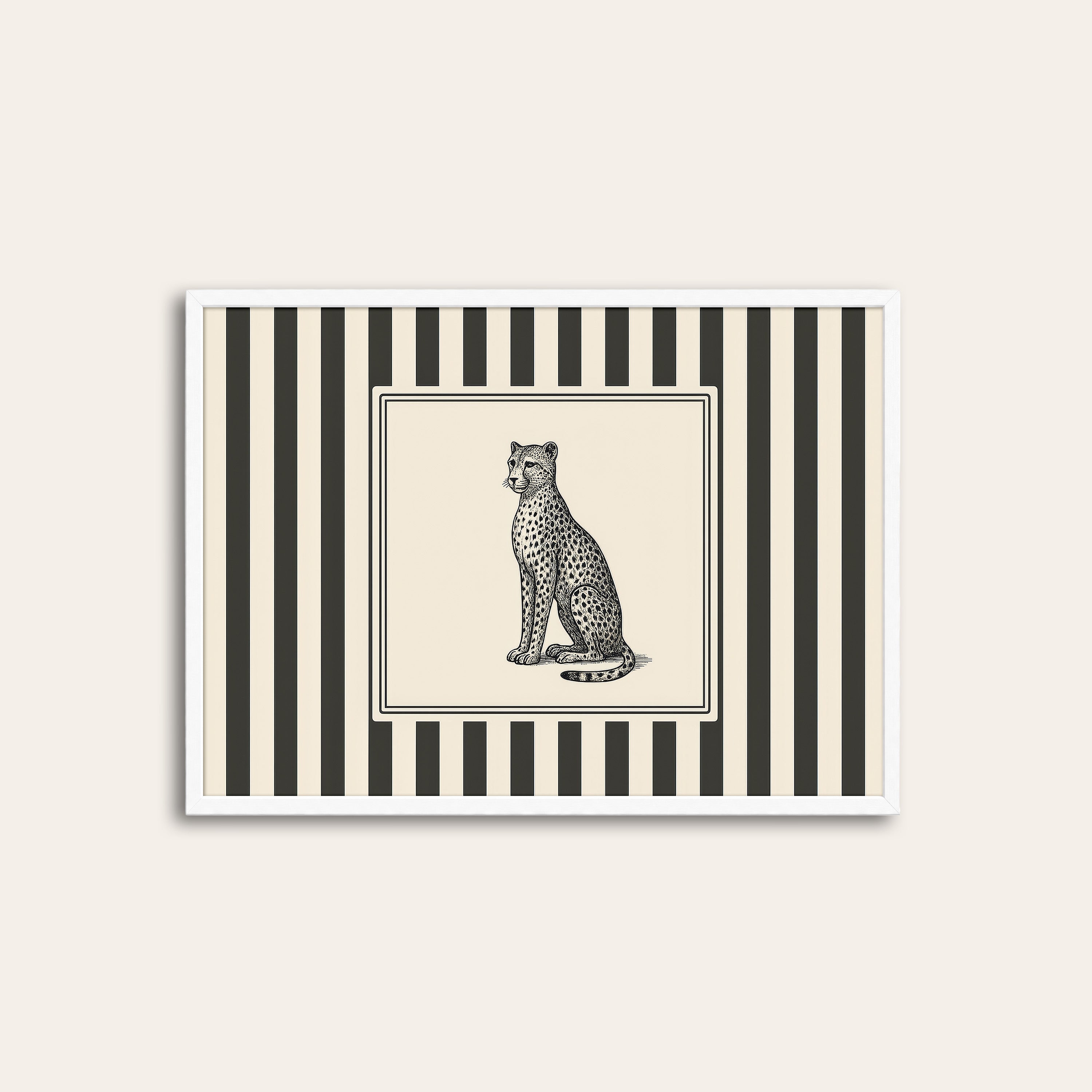 Ticking Stripe Cheetah — Engraving Print – white frame
