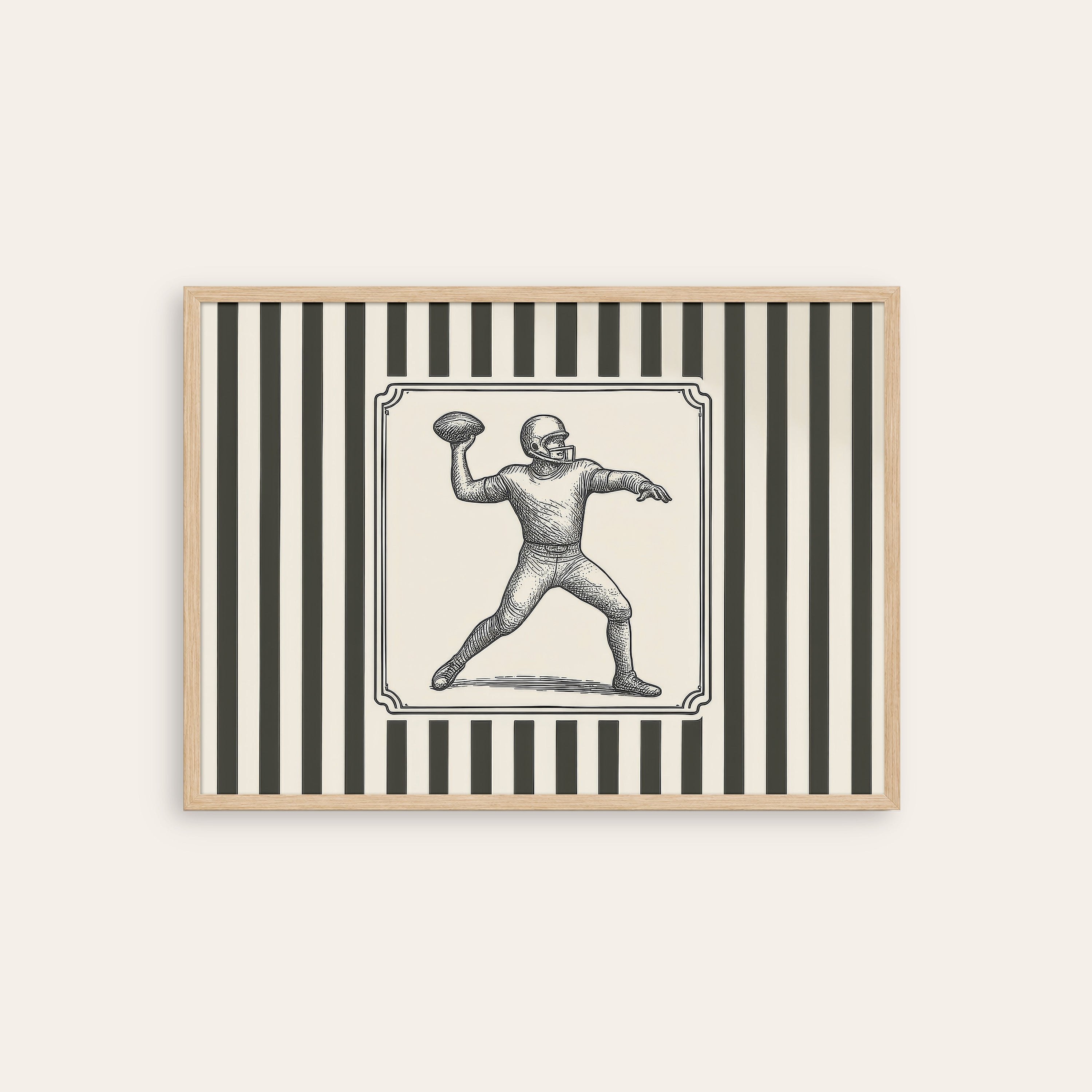 Ticking Stripe Quarterback — Engraving Print – natural wood frame