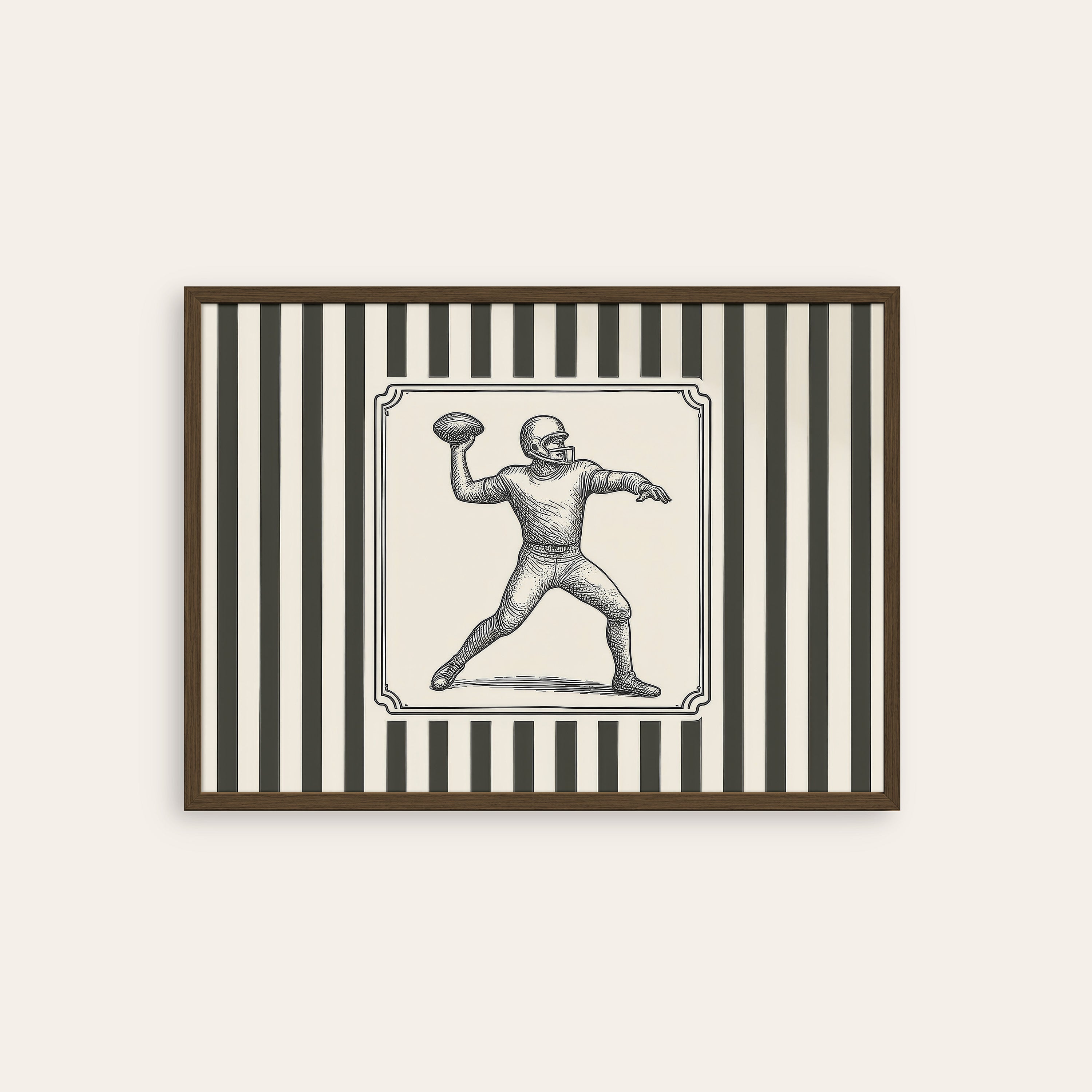 Ticking Stripe Quarterback — Engraving Print – dark wood frame