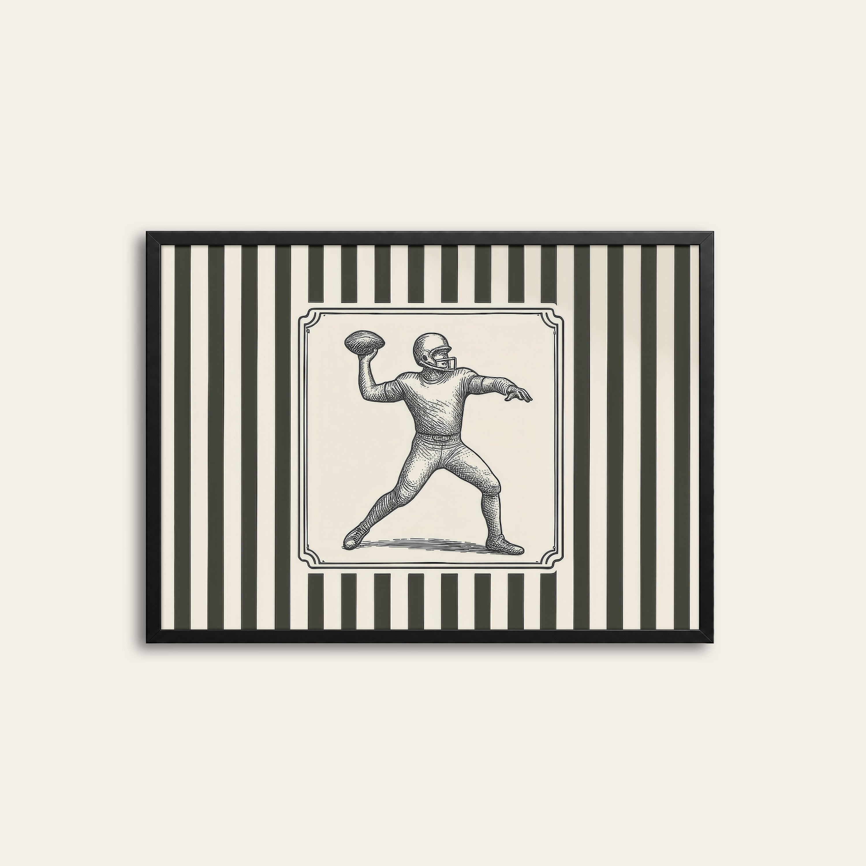 Ticking Stripe Quarterback — Engraving Print – black frame