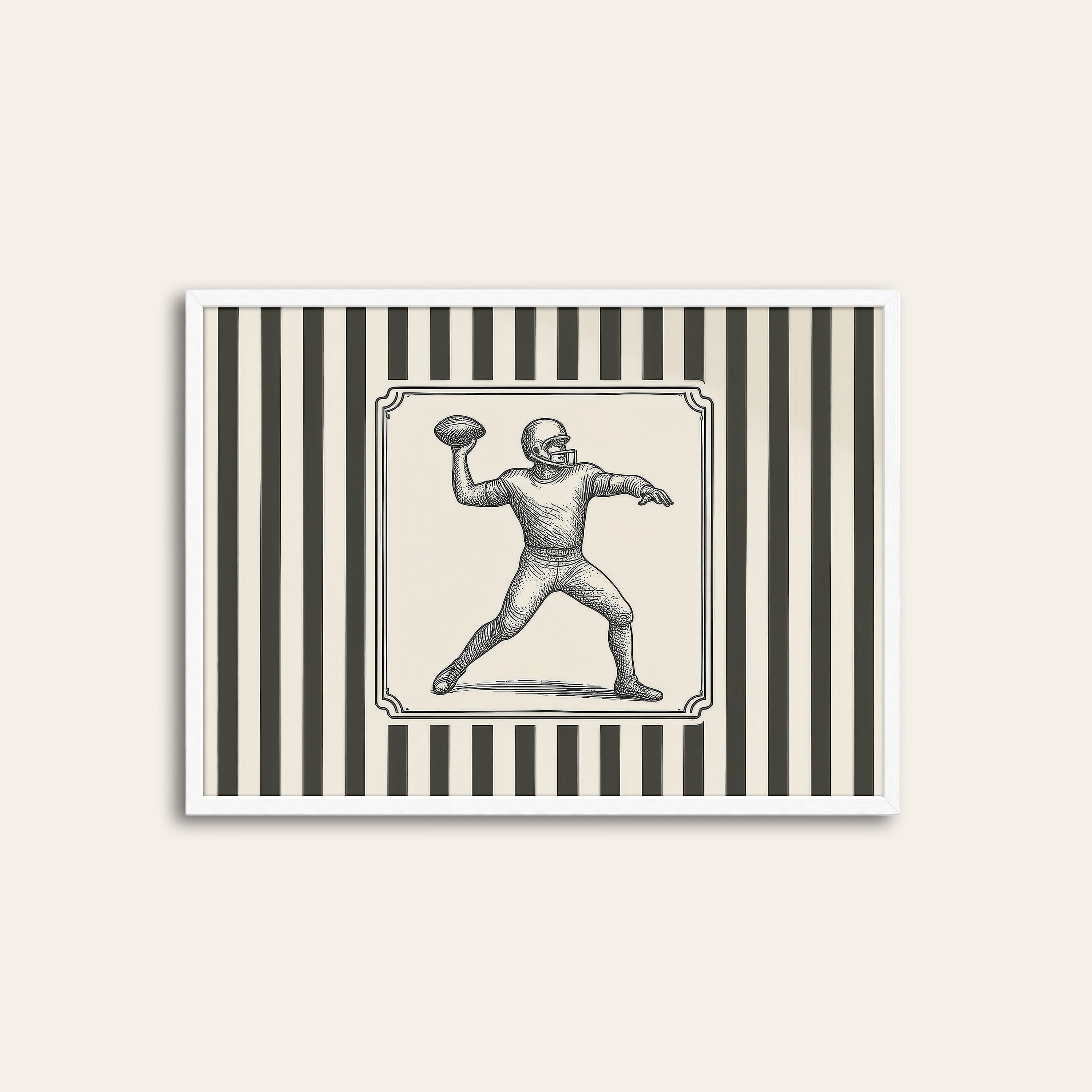 Ticking Stripe Quarterback — Engraving Print – white frame
