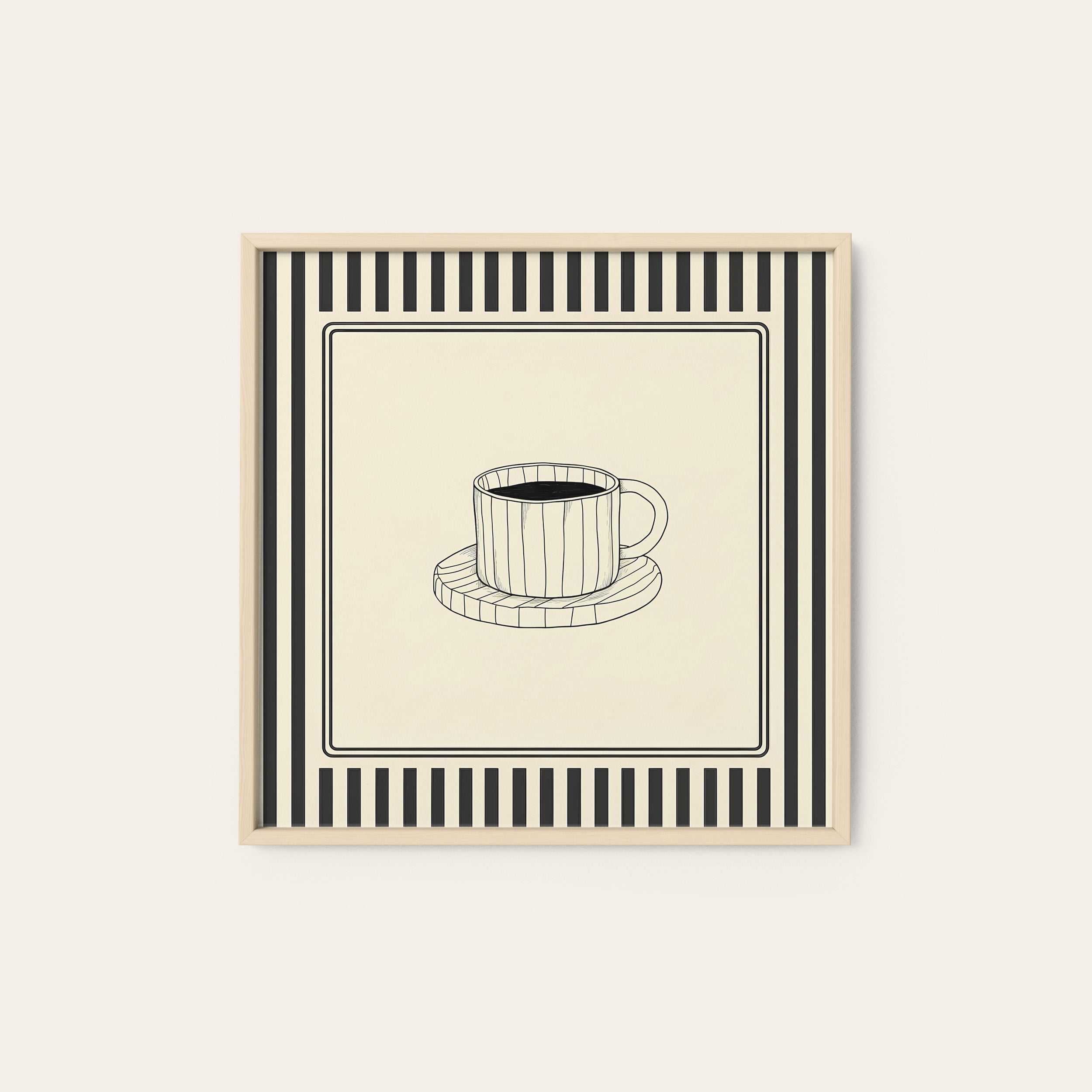 Morning Cup — Coffee Sketch Print – natural wood frame