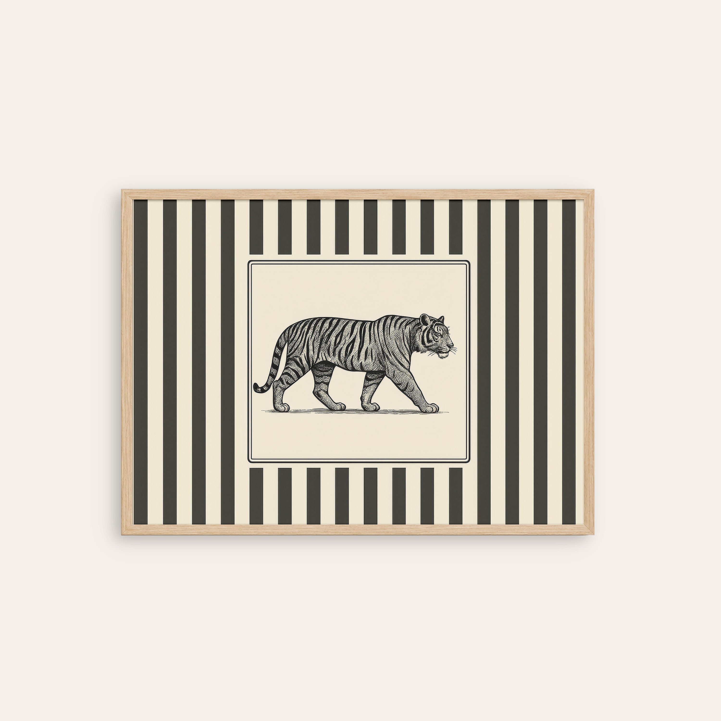 Ticking Stripe Tiger — Engraving Print – natural wood frame