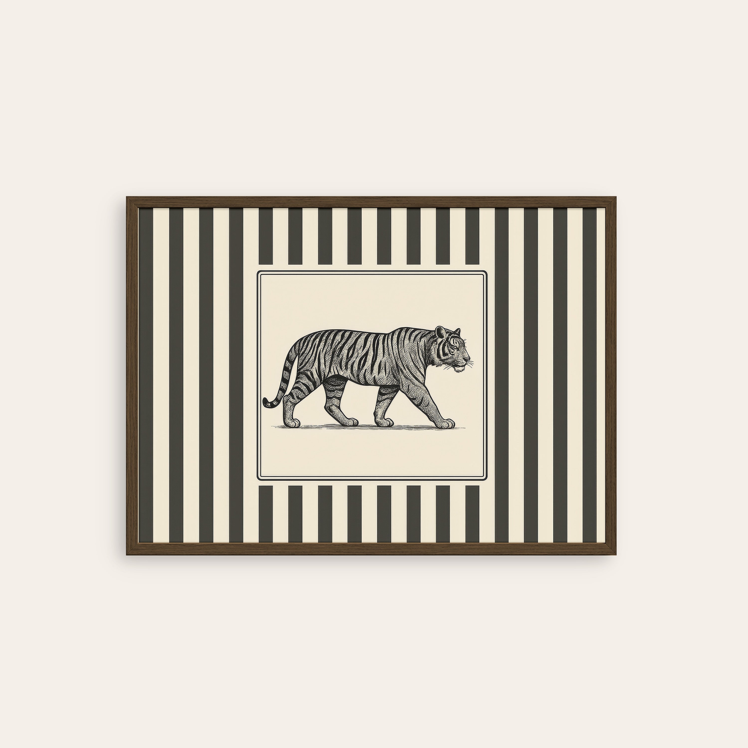 Ticking Stripe Tiger — Engraving Print – dark wood frame
