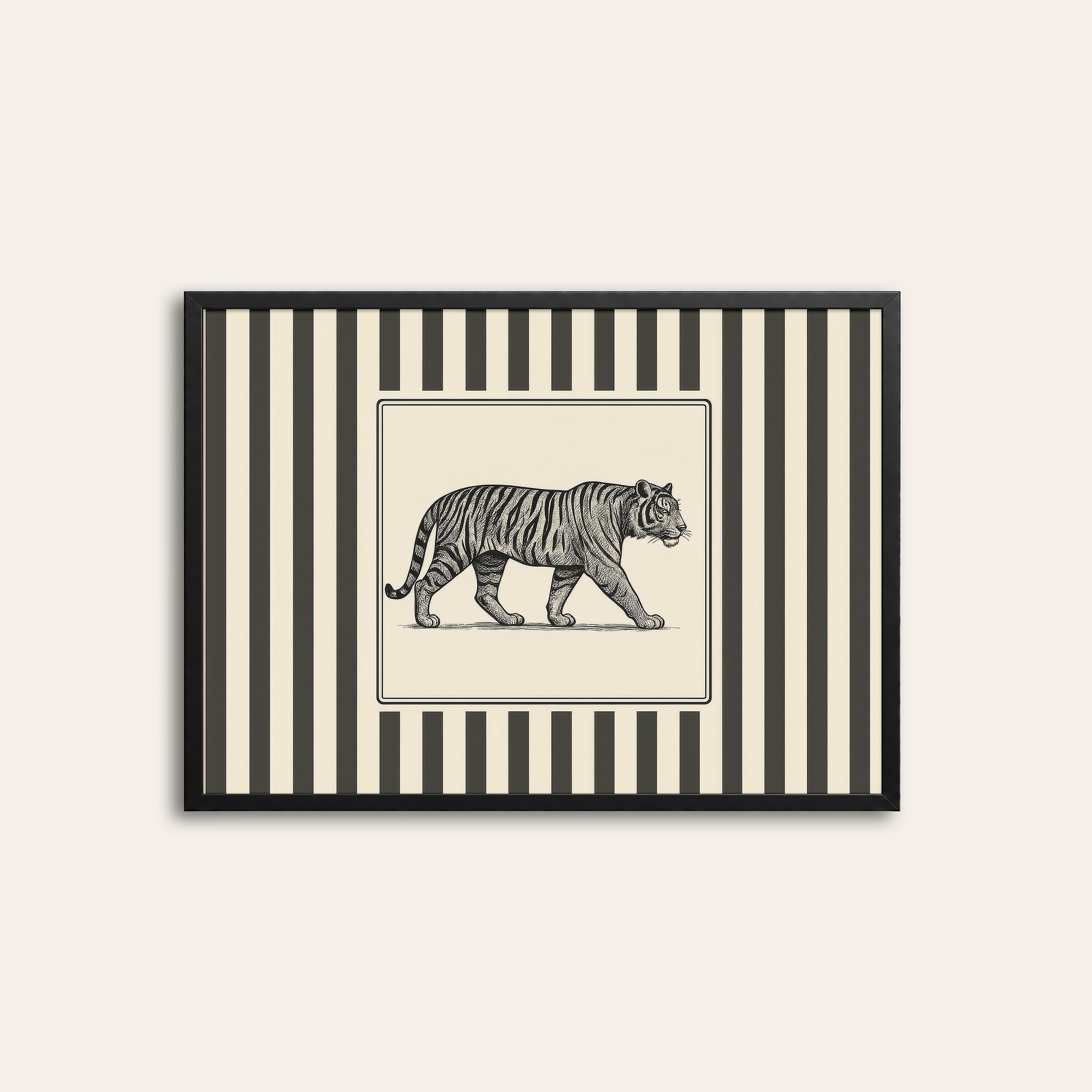 Ticking Stripe Tiger — Engraving Print – black frame