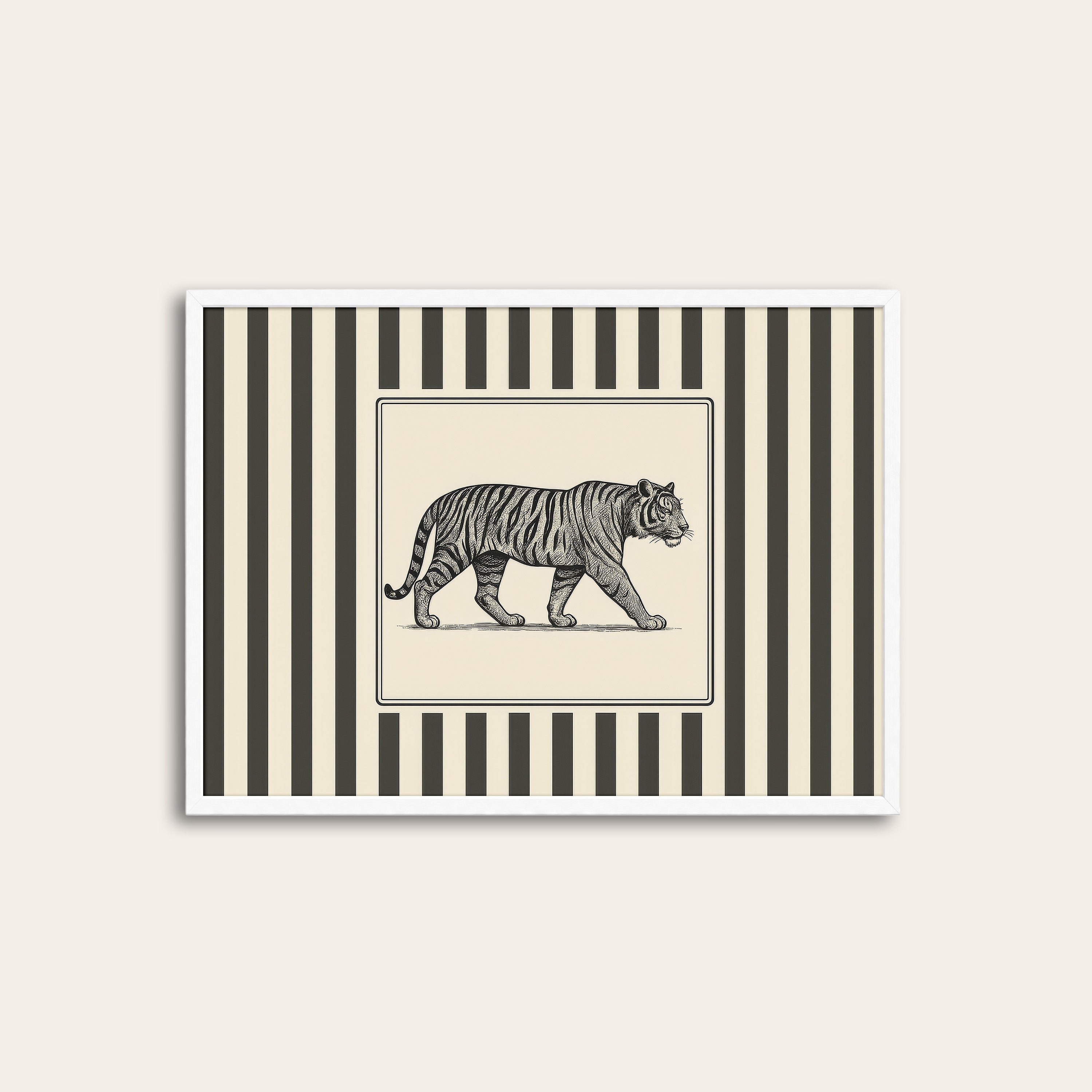 Ticking Stripe Tiger — Engraving Print – white frame