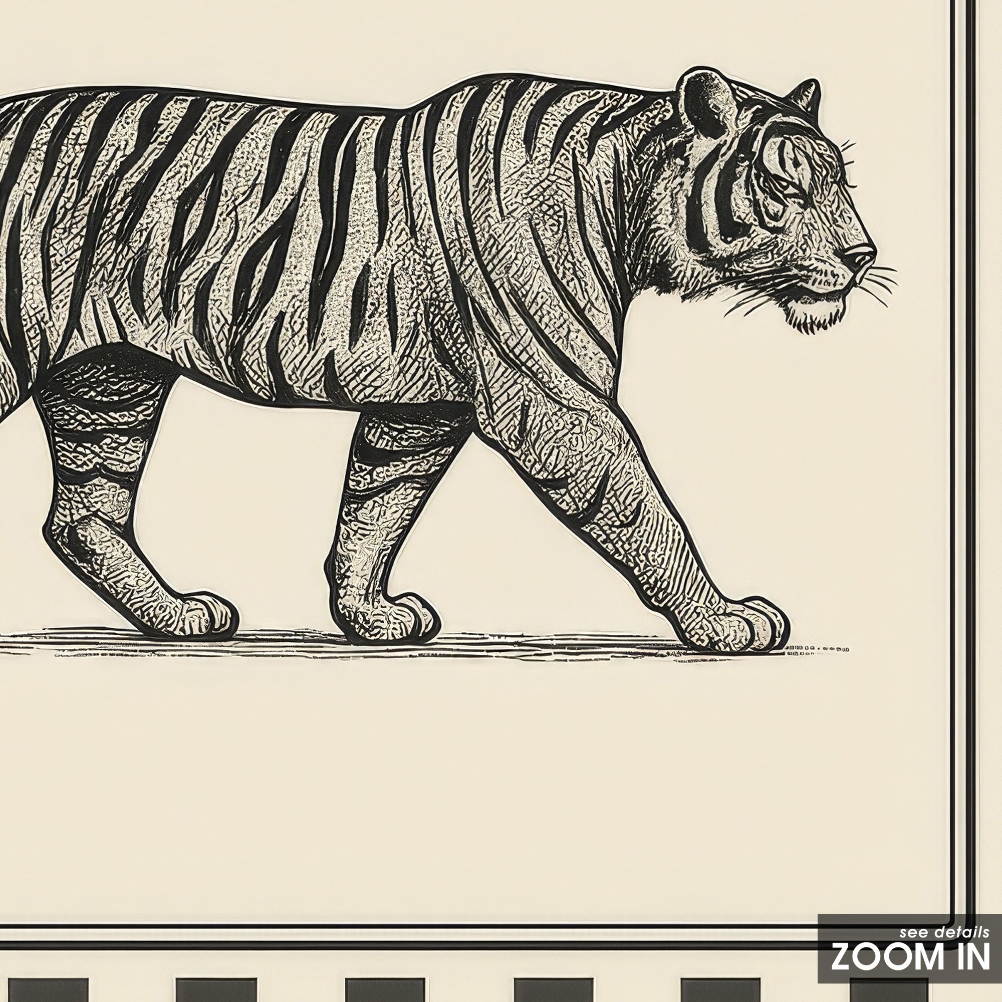 Ticking Stripe Tiger — Engraving Print – in room setting