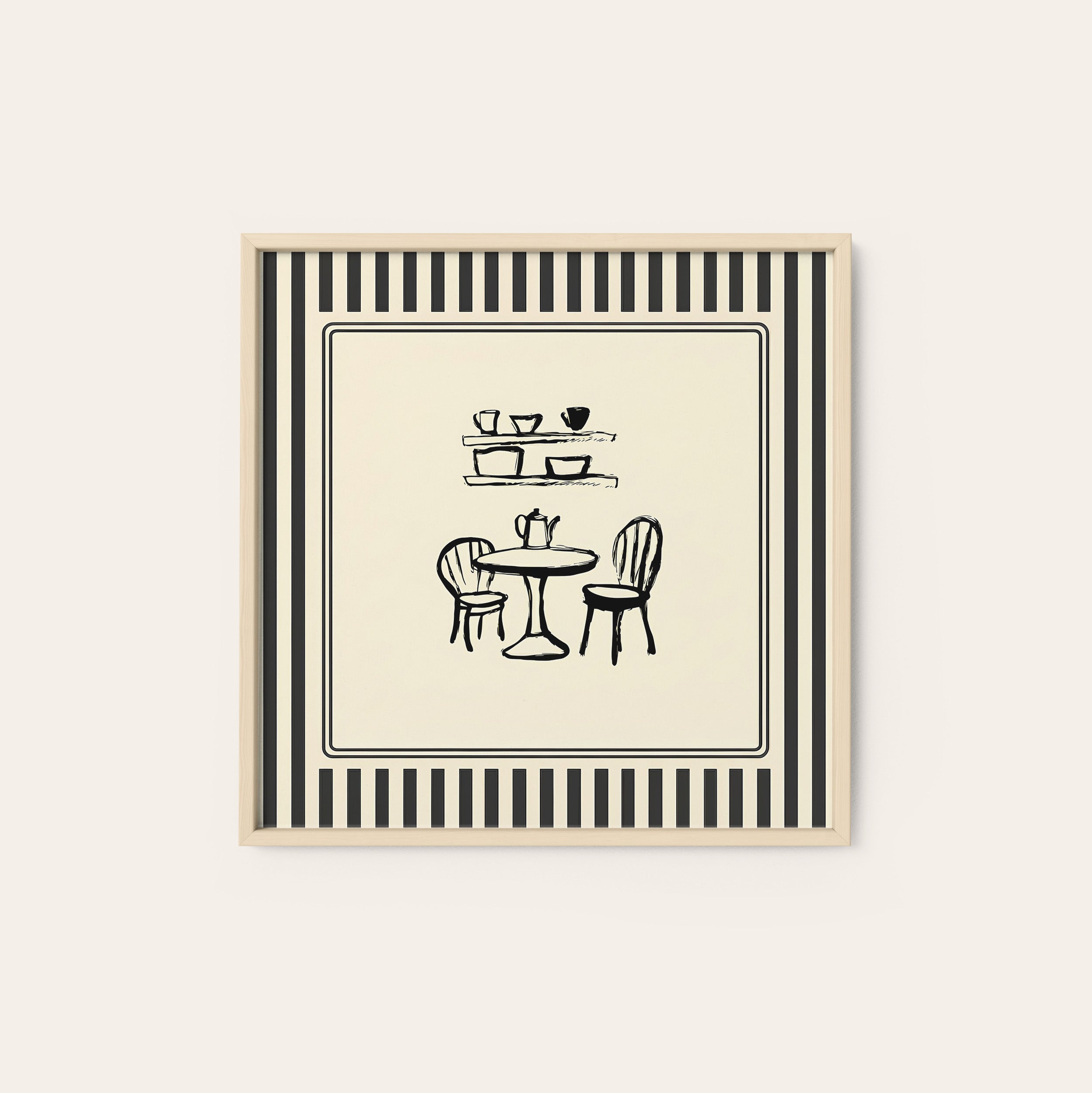 Table for Two — Café Sketch Print – natural wood frame