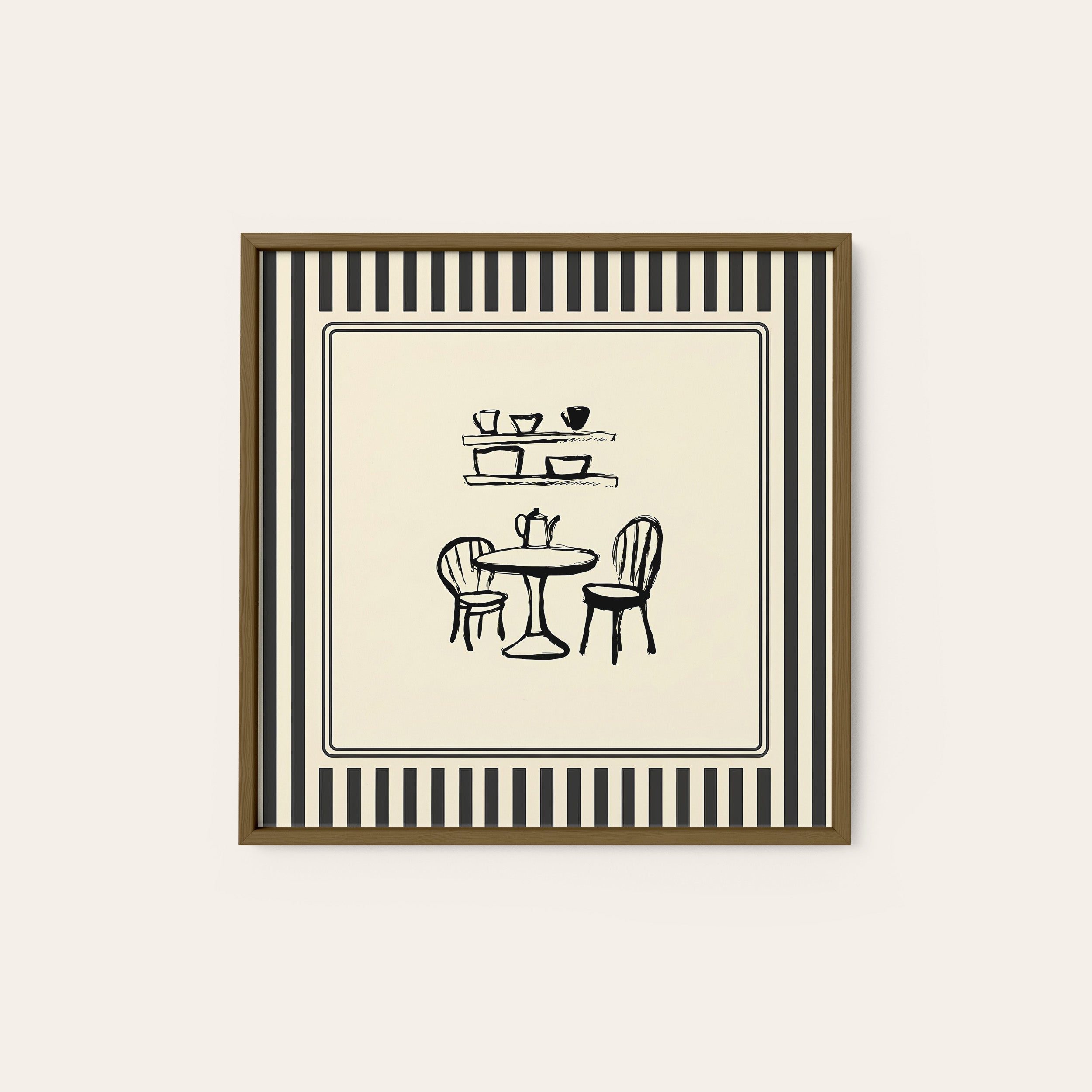 Table for Two — Café Sketch Print – dark wood frame