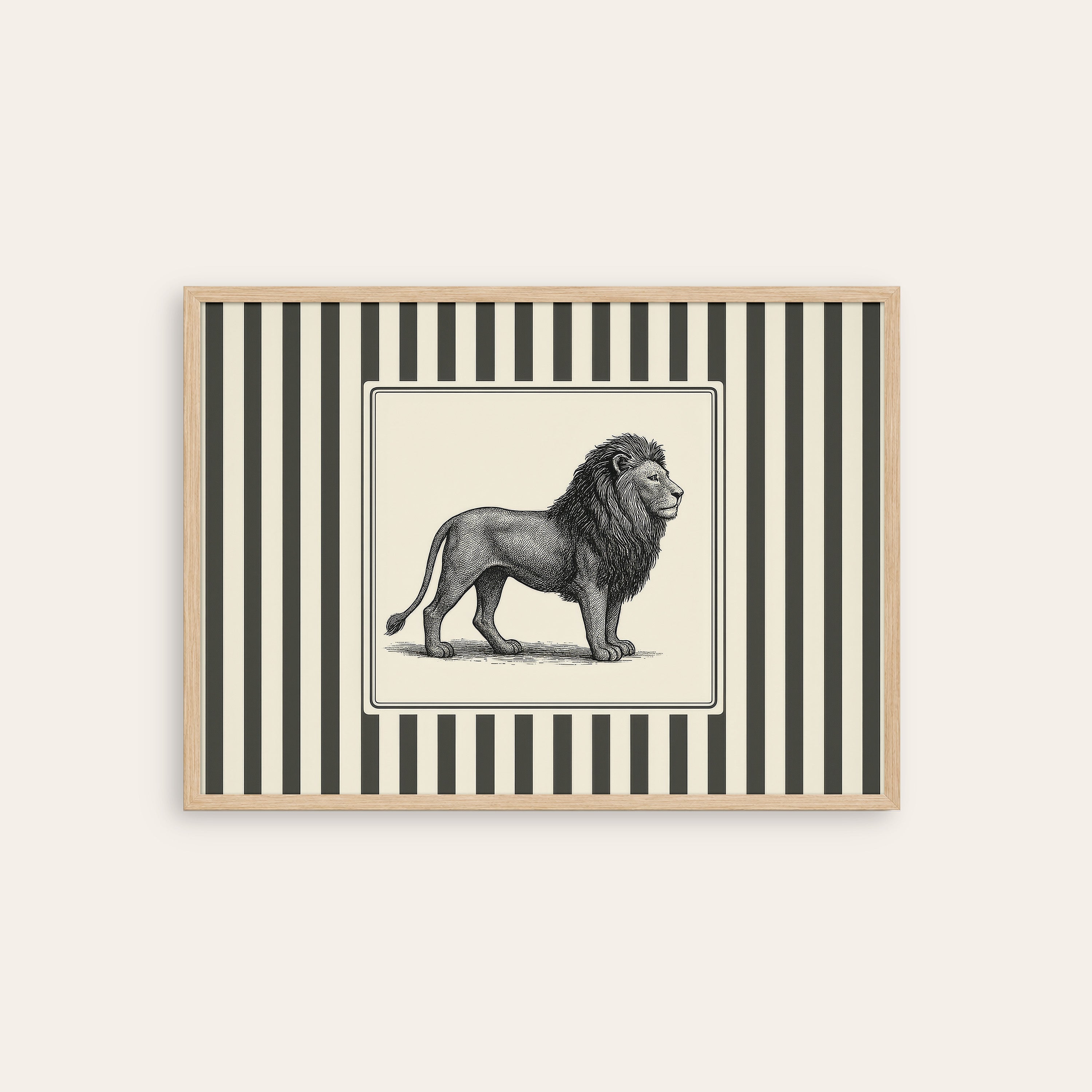 Ticking Stripe Lion — Engraving Print – natural wood frame