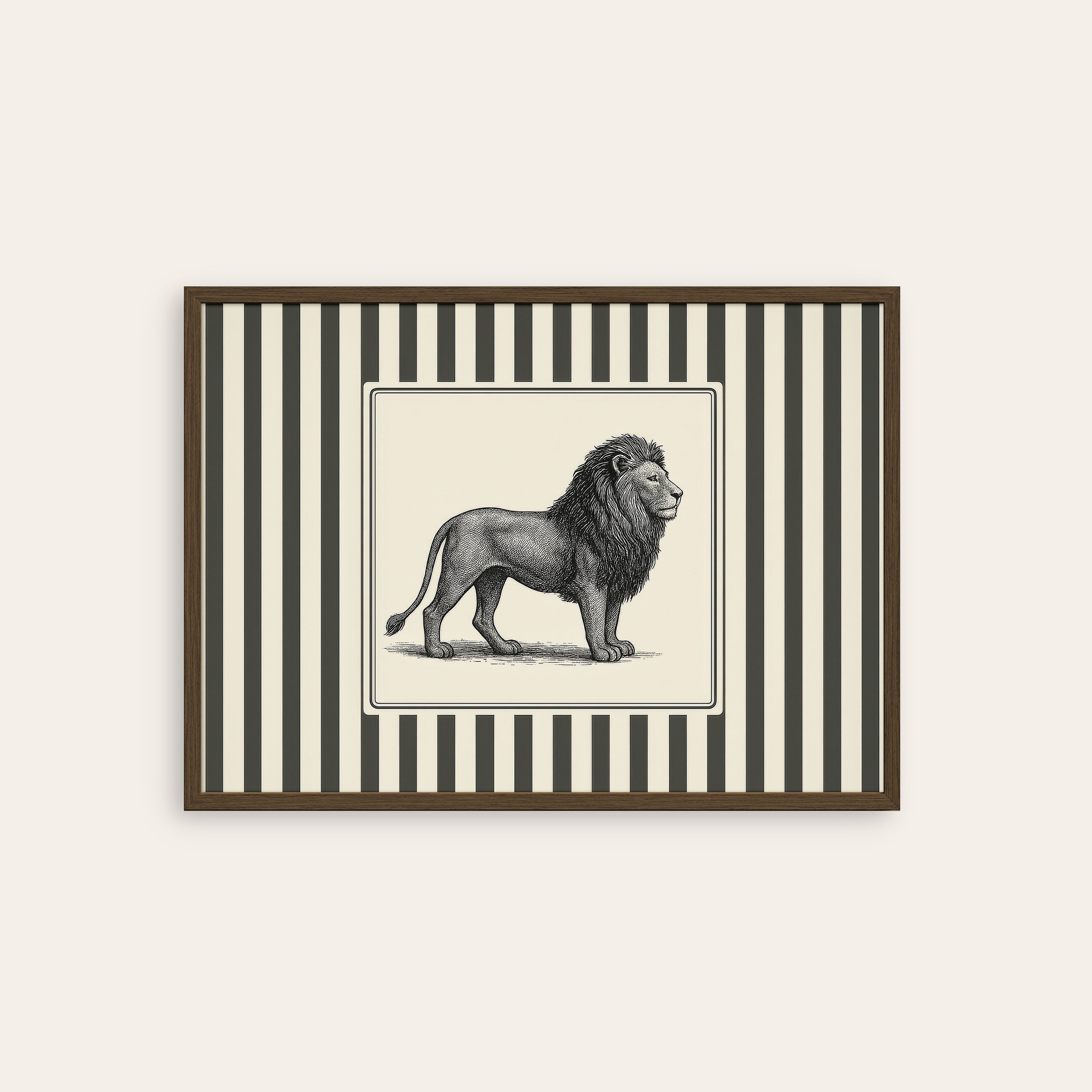 Ticking Stripe Lion — Engraving Print – dark wood frame