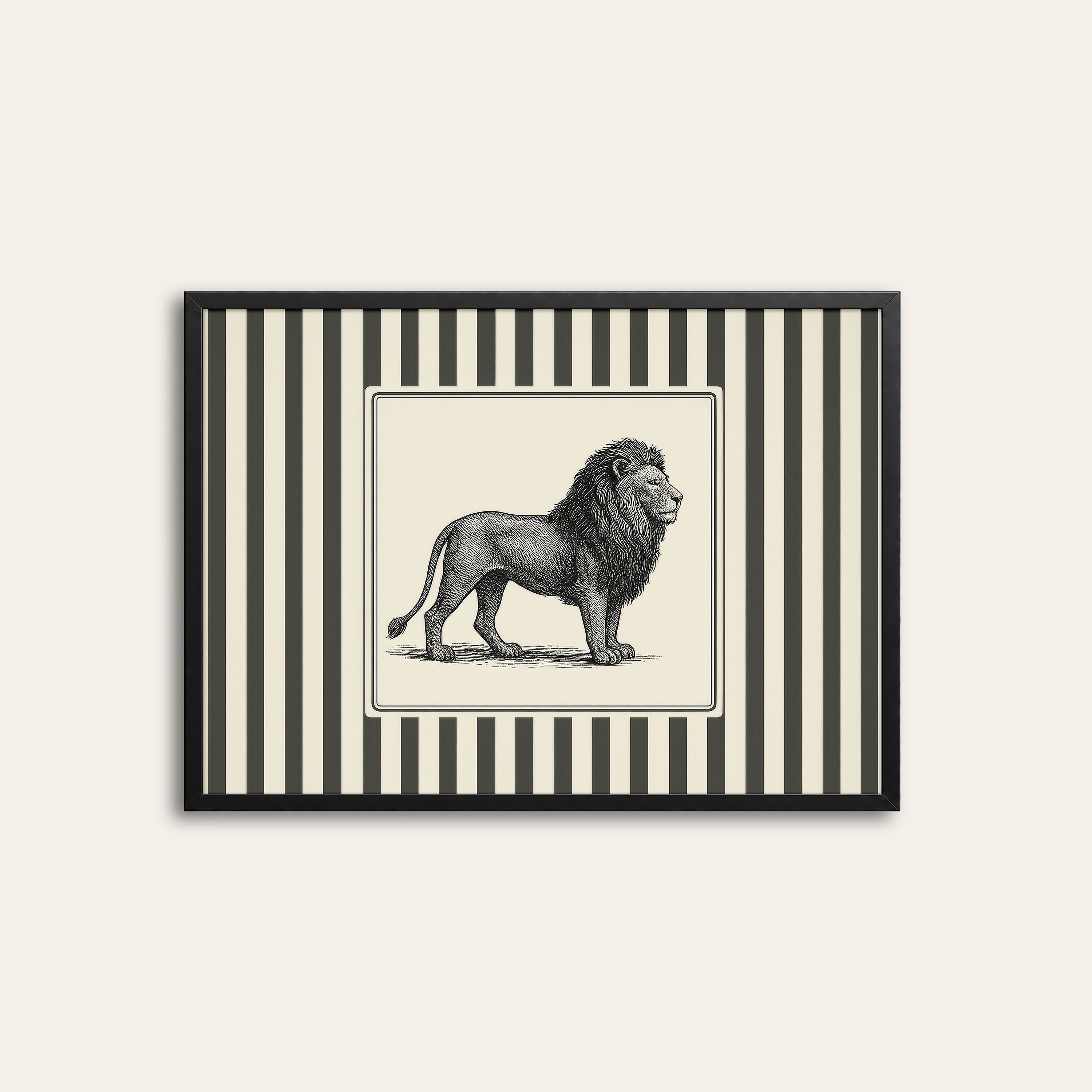 Ticking Stripe Lion — Engraving Print – black frame