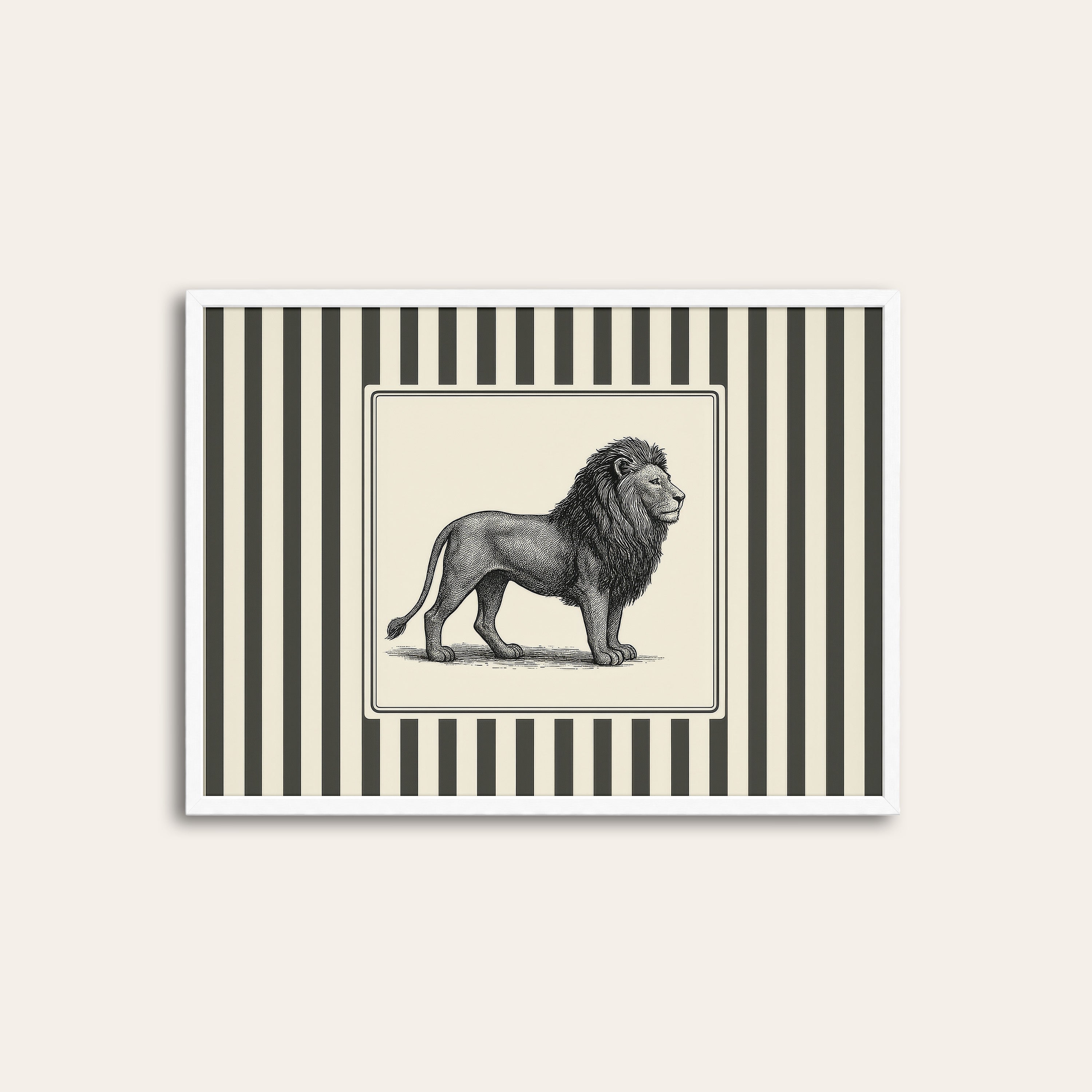 Ticking Stripe Lion — Engraving Print – white frame