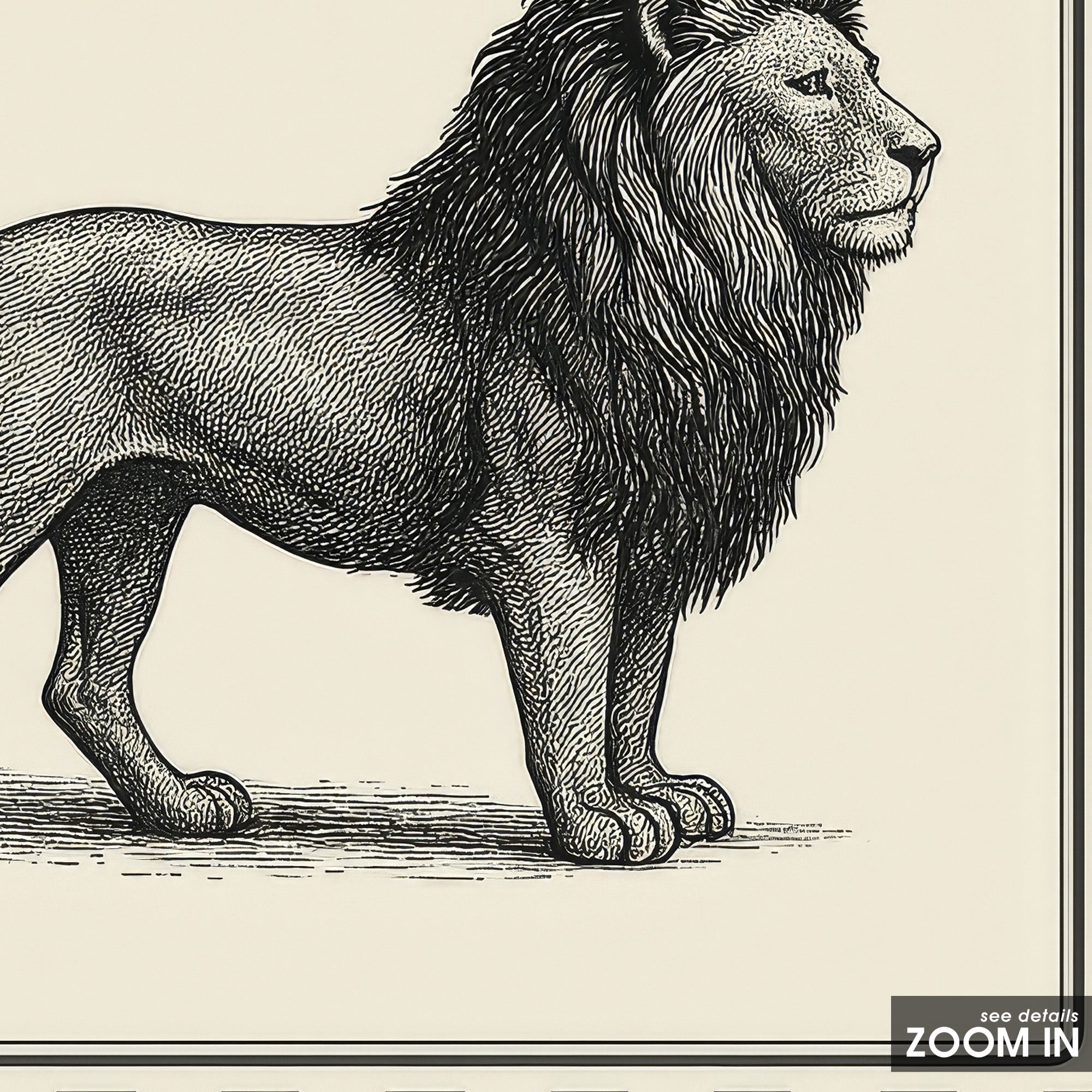 Ticking Stripe Lion — Engraving Print – in room setting