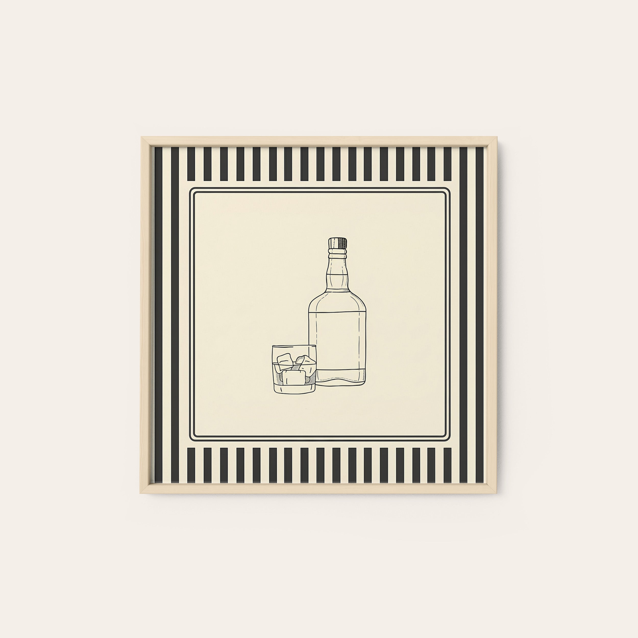 Neat Pour — Whiskey Sketch Print – natural wood frame