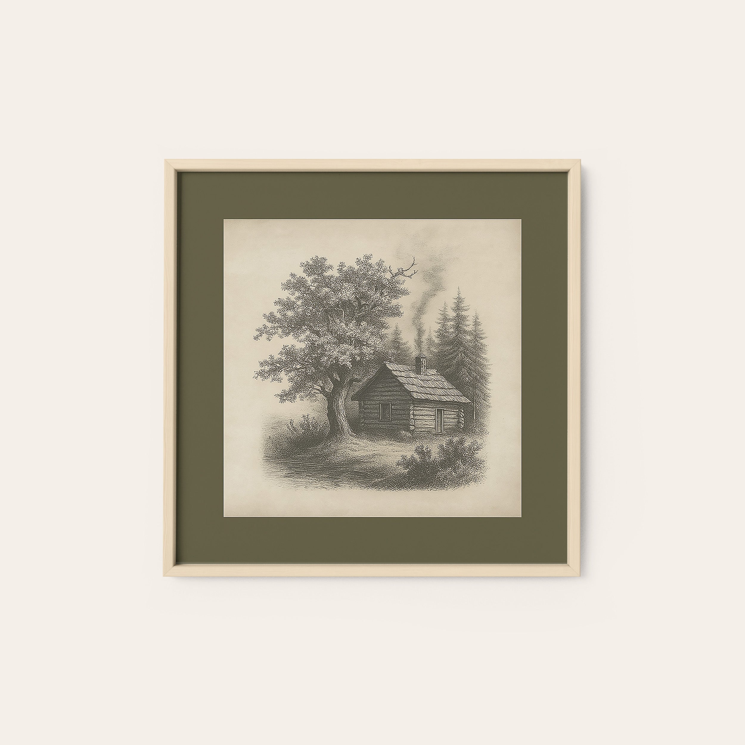 Cabin in the Pines — Sketch Print – natural wood frame