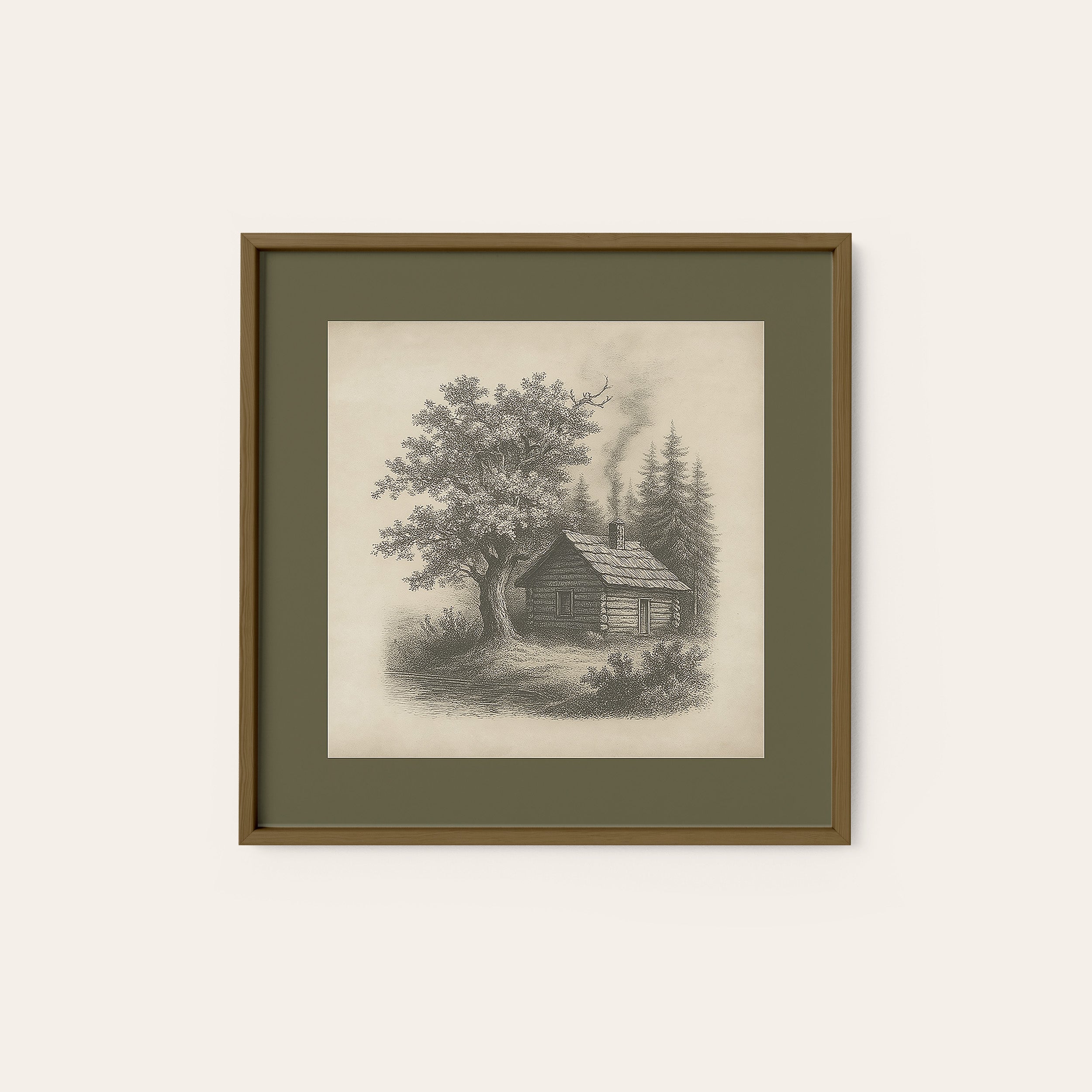 Cabin in the Pines — Sketch Print – dark wood frame
