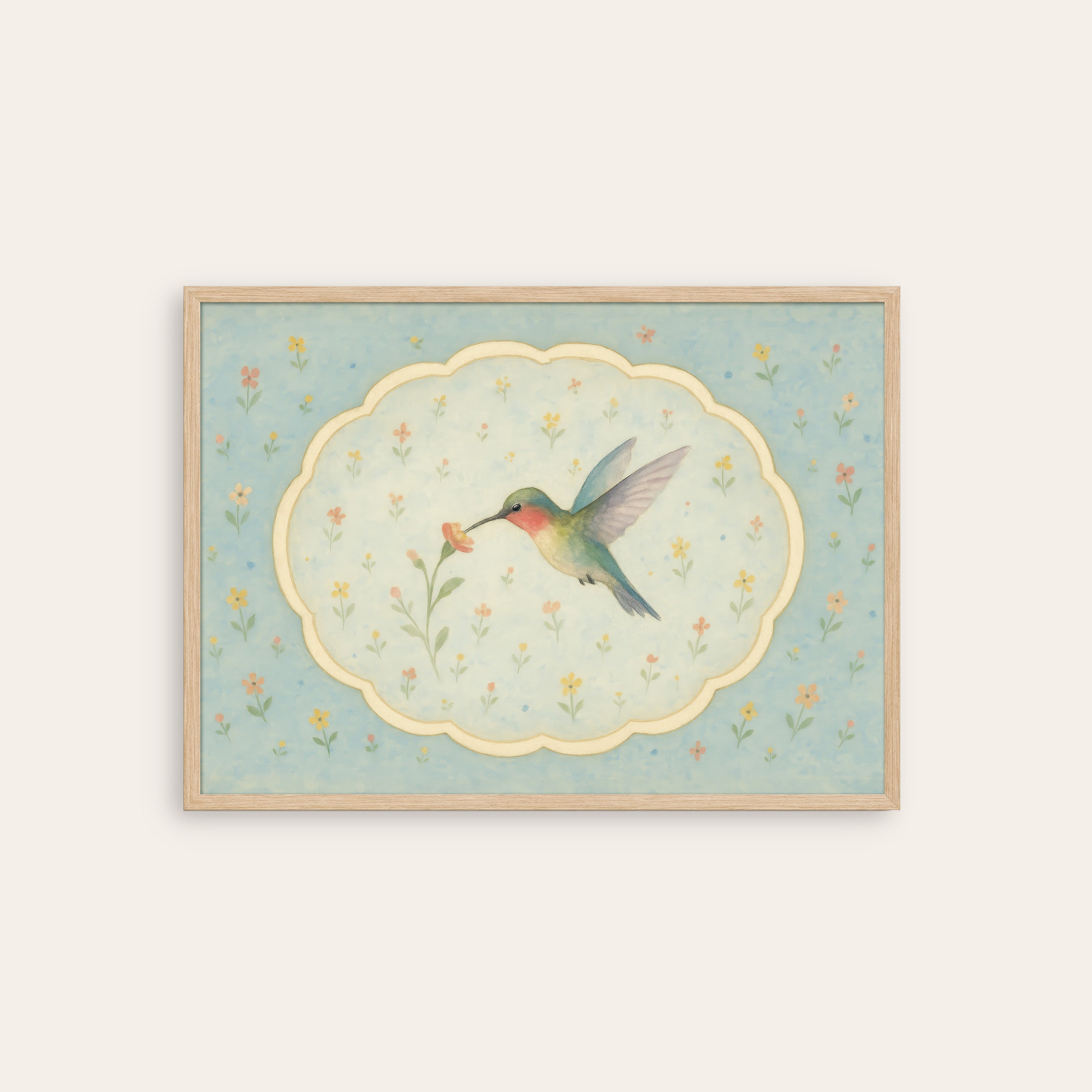 Hummingbird Cameo — Floral Art Print – natural wood frame