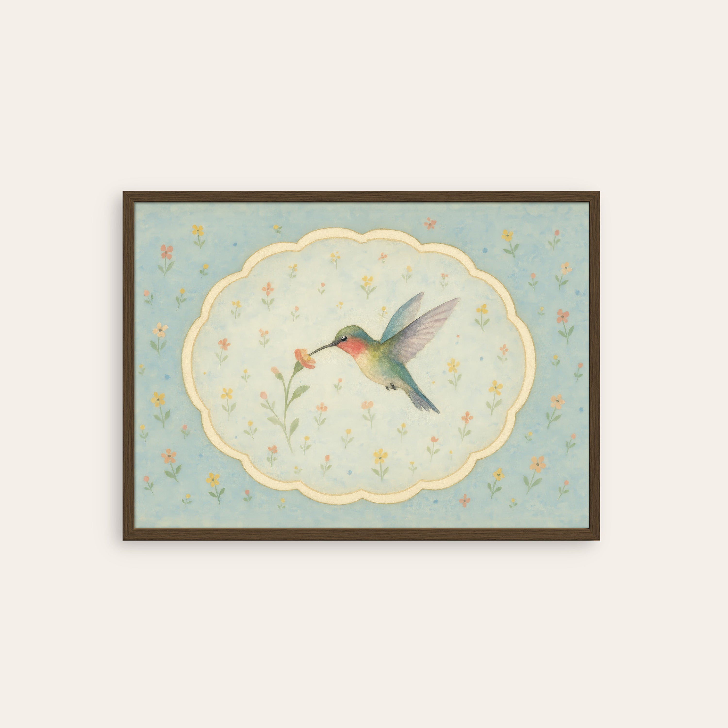 Hummingbird Cameo — Floral Art Print – dark wood frame