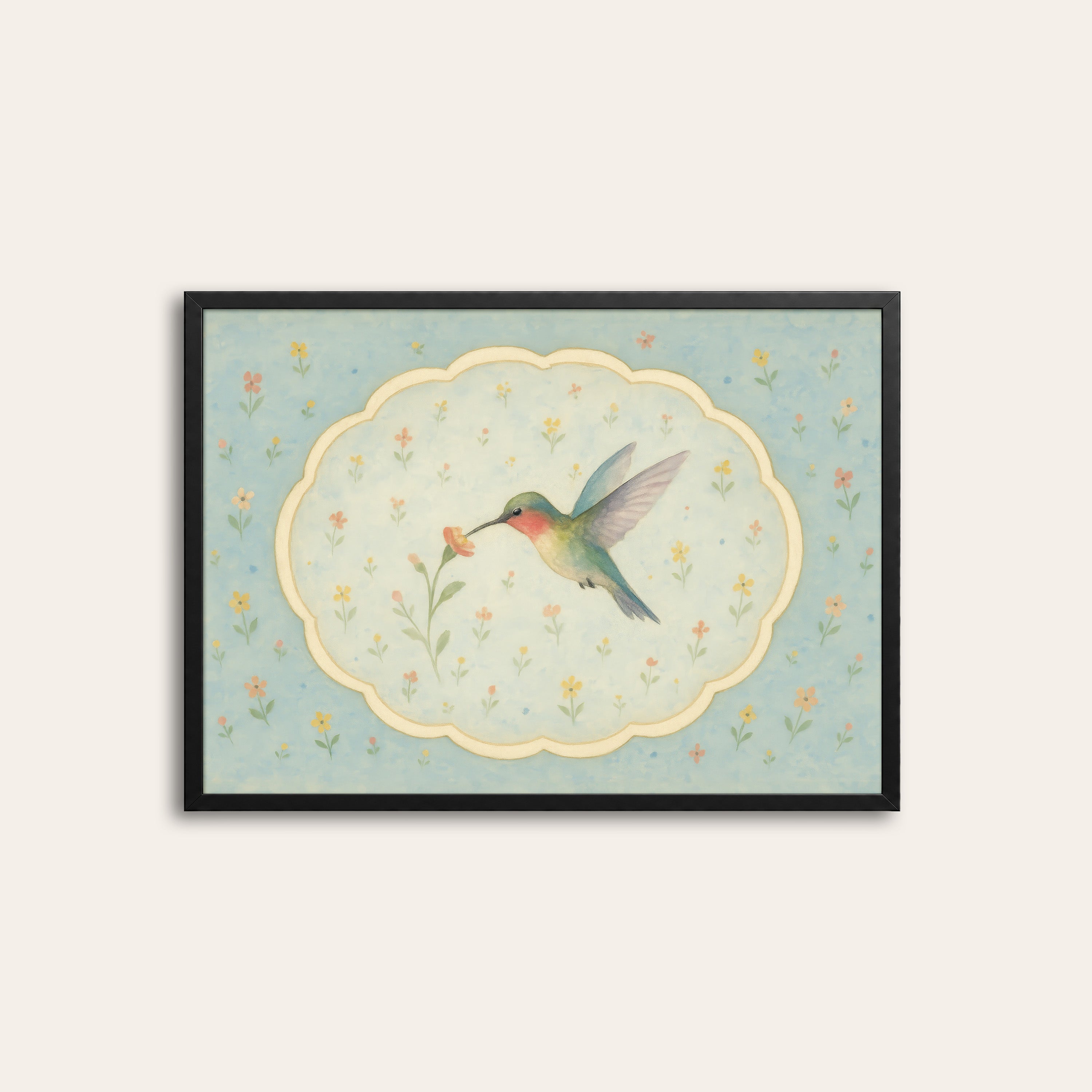 Hummingbird Cameo — Floral Art Print – black frame