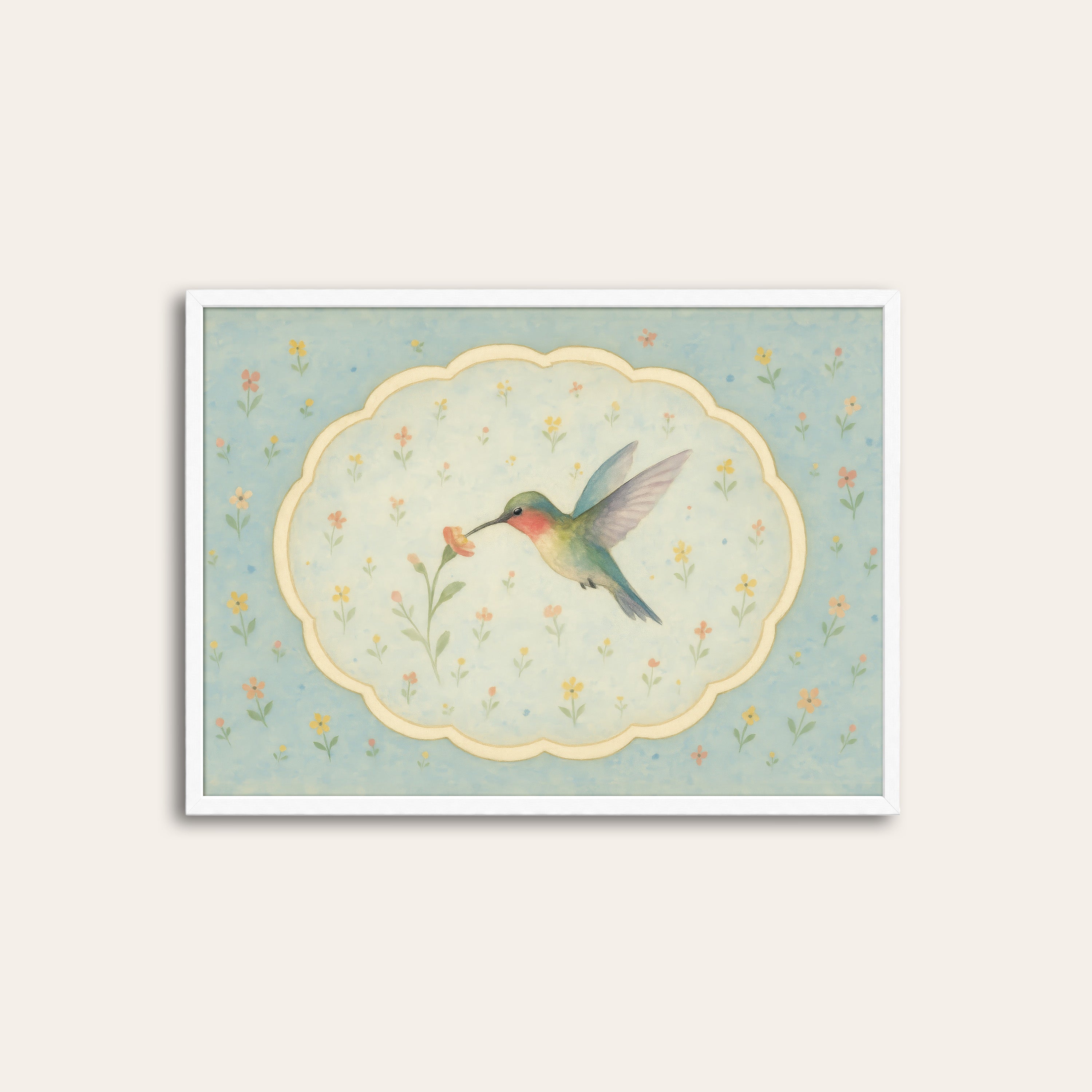 Hummingbird Cameo — Floral Art Print – white frame