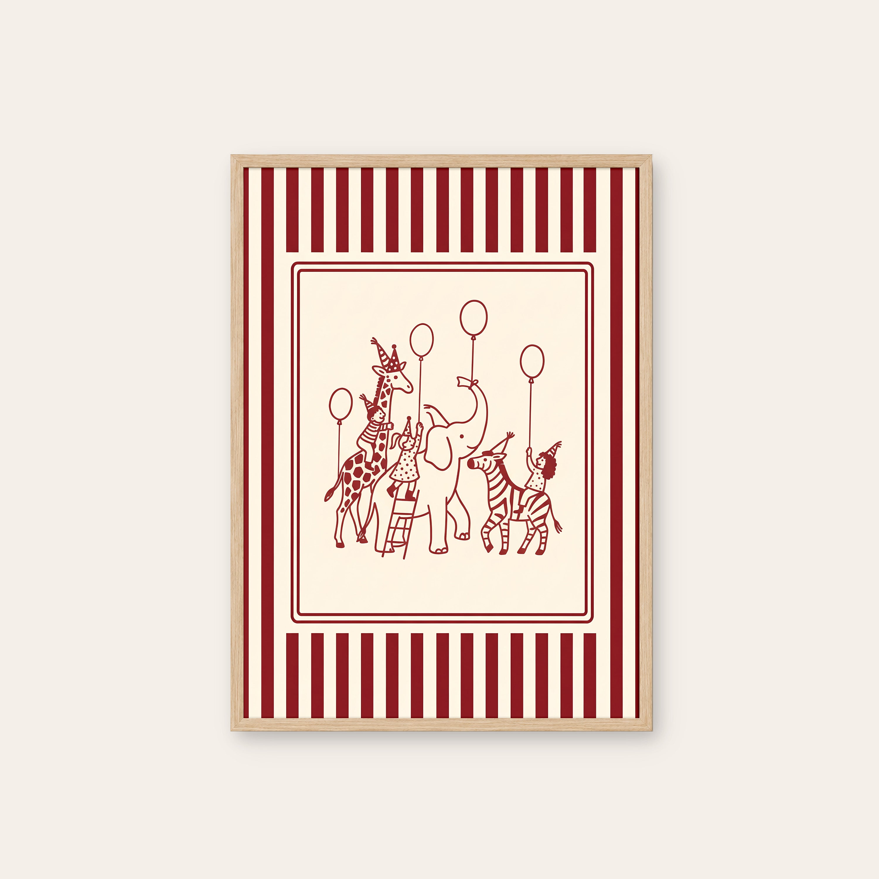 Balloon Parade — Nursery Stripe Print – natural wood frame