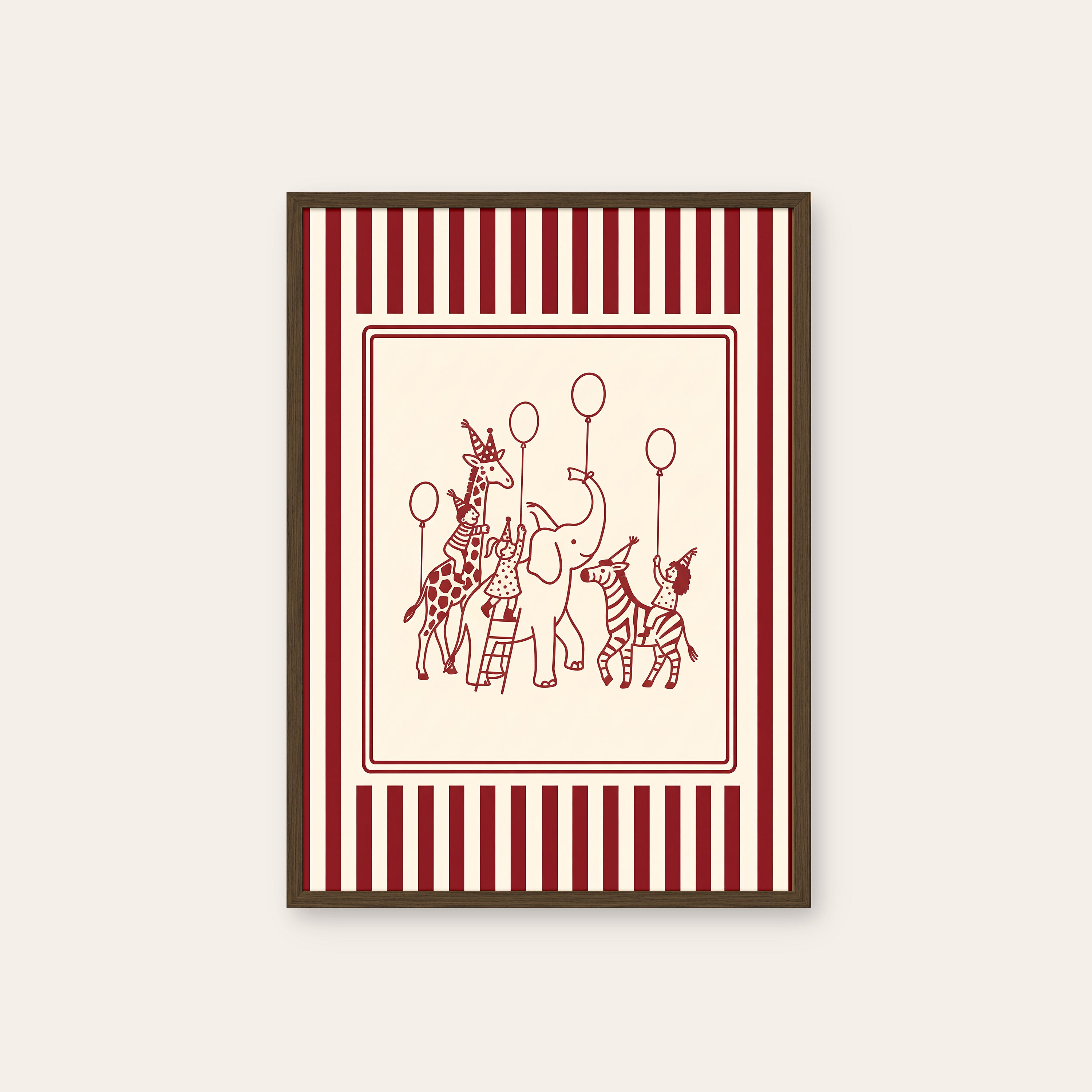 Balloon Parade — Nursery Stripe Print – dark wood frame