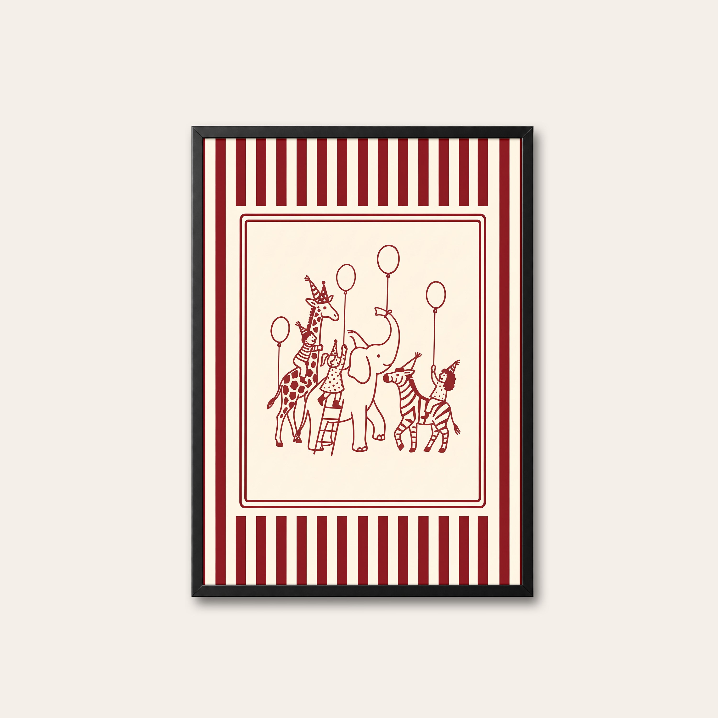 Balloon Parade — Nursery Stripe Print – black frame