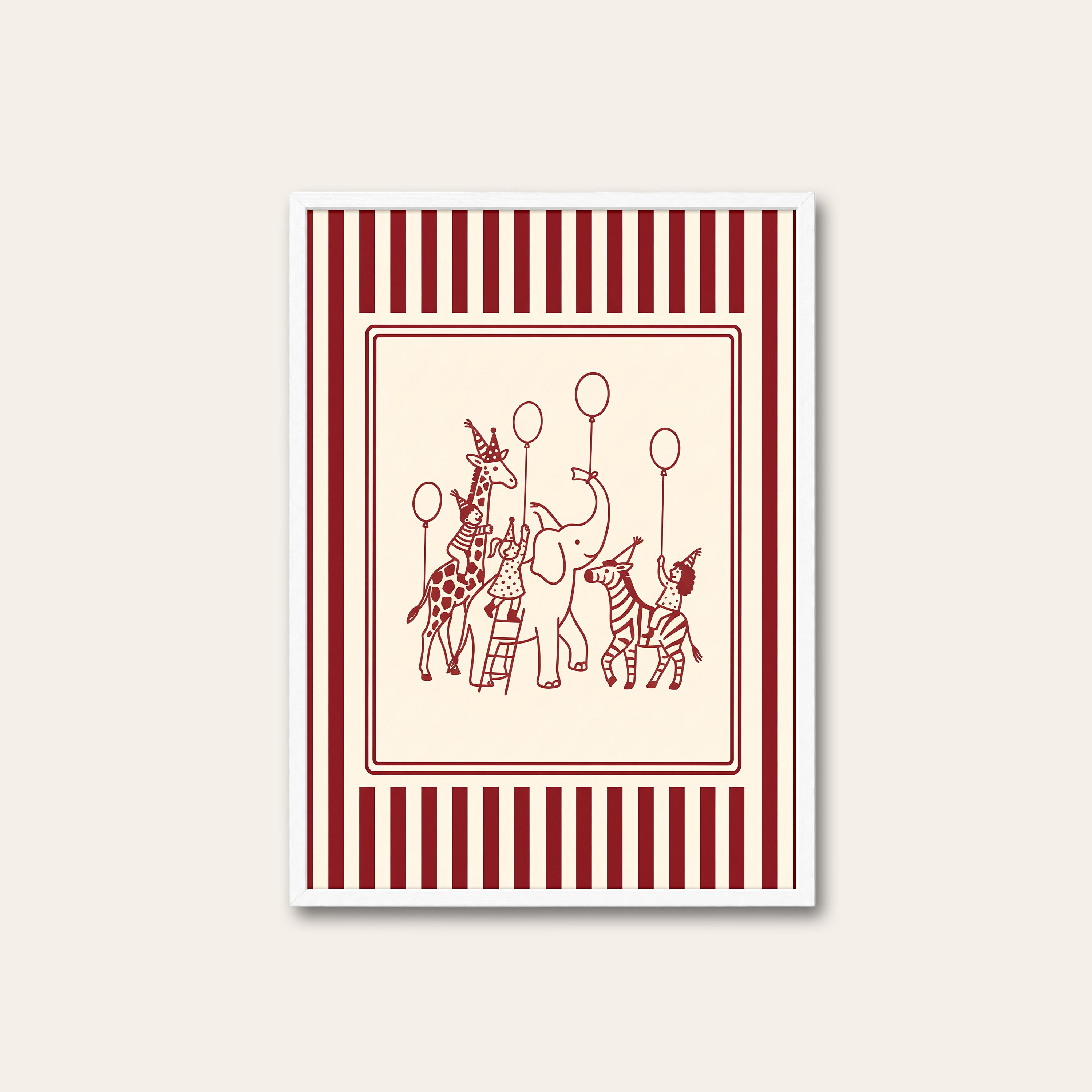 Balloon Parade — Nursery Stripe Print – white frame