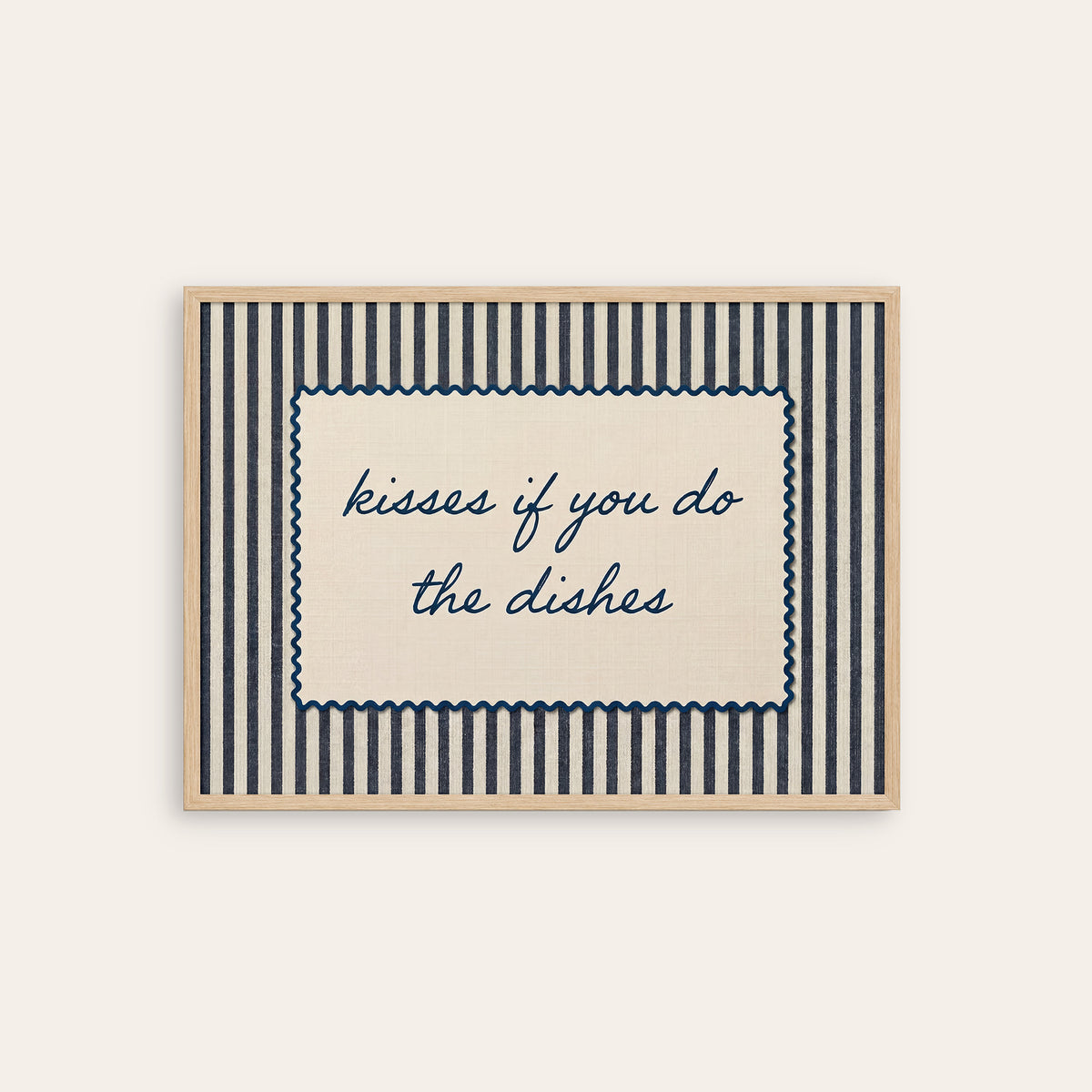 Kisses for Dishes - Navy Scallop Print - natural wood frame