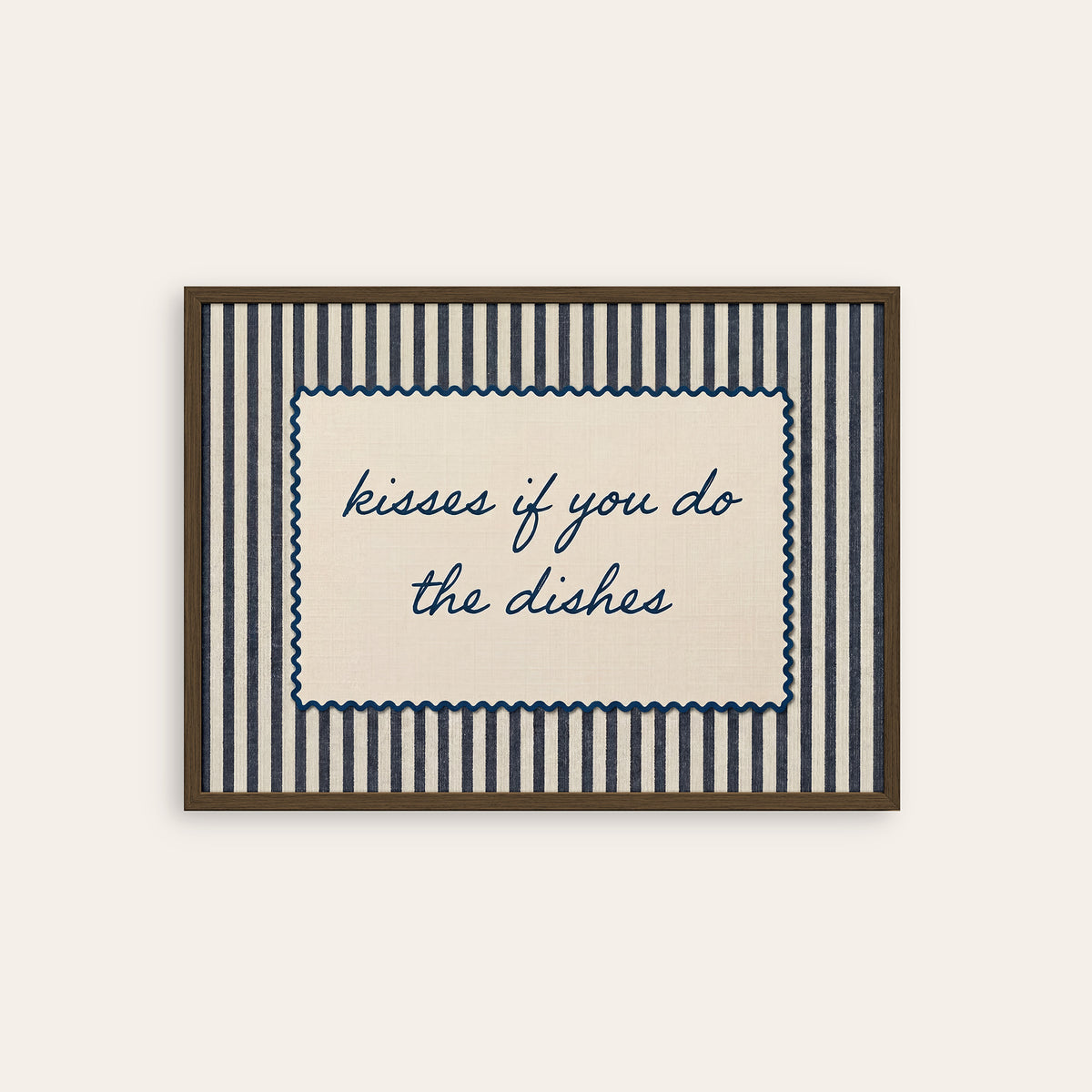 Kisses for Dishes - Navy Scallop Print - dark wood frame