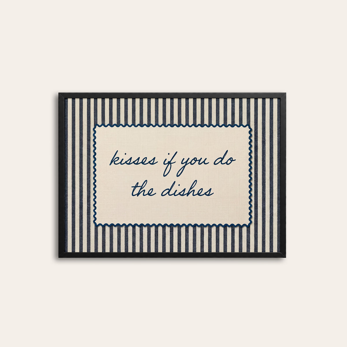 Kisses for Dishes - Navy Scallop Print - black frame