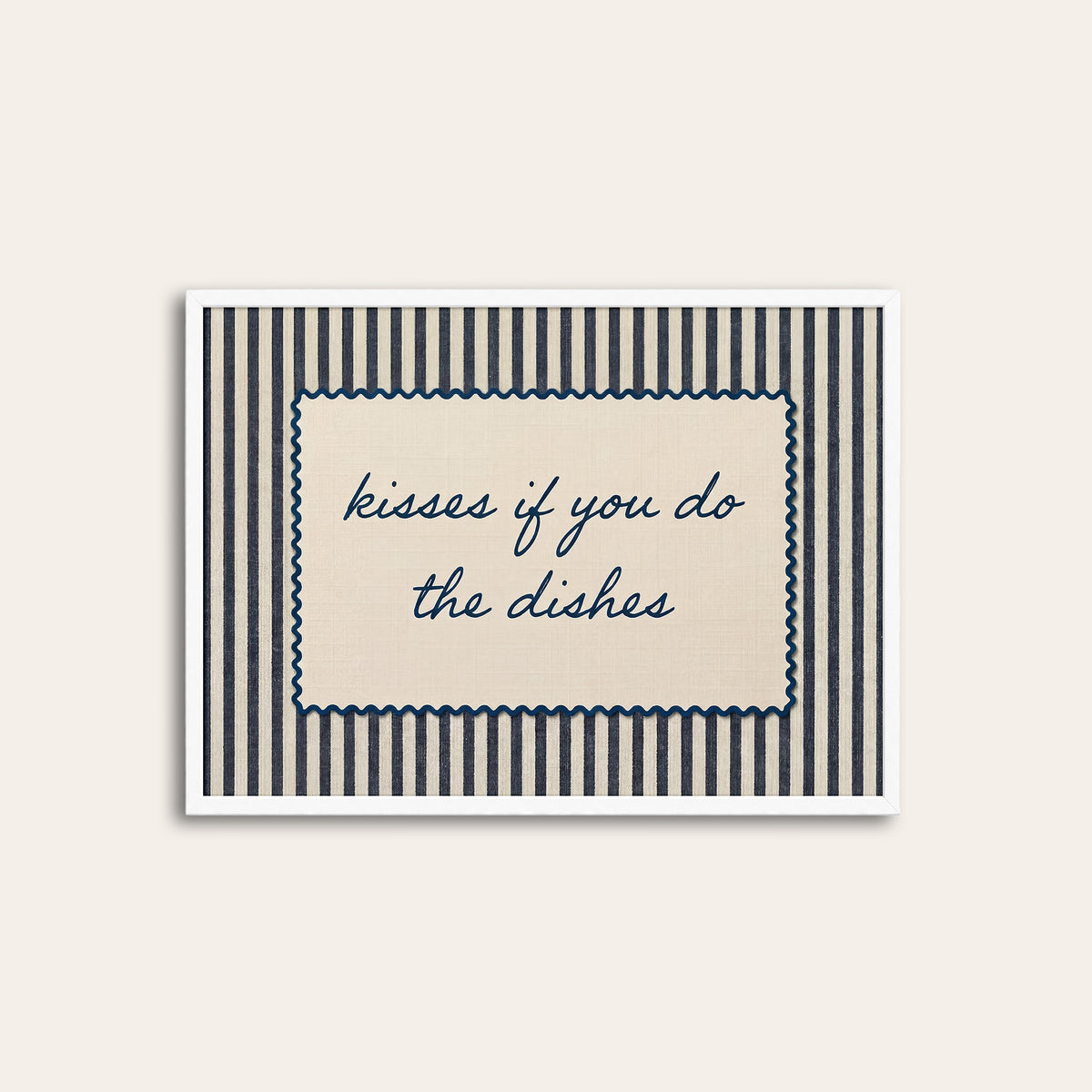 Kisses for Dishes - Navy Scallop Print - white frame
