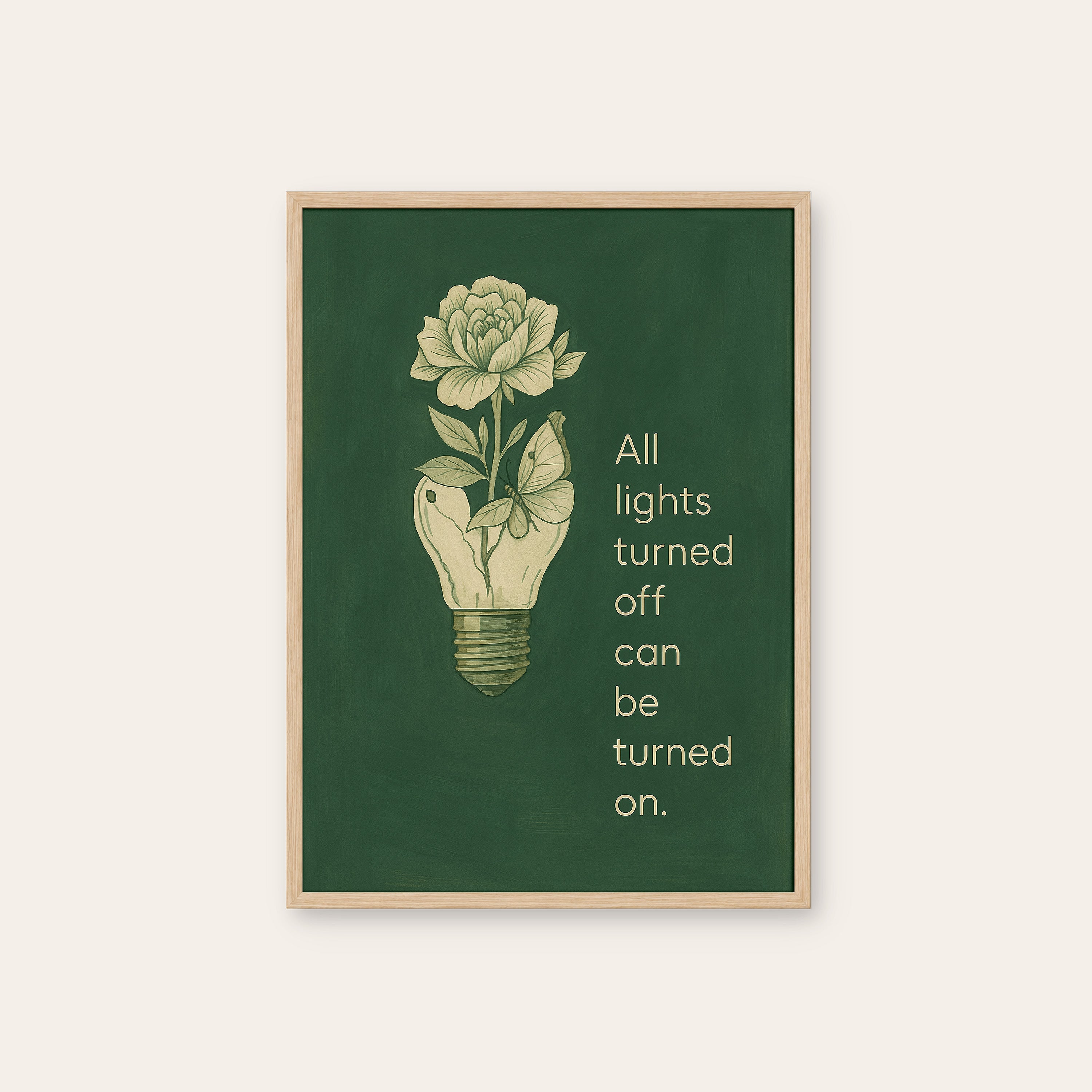 Lights Back On — Lightbulb Rose Print – natural wood frame