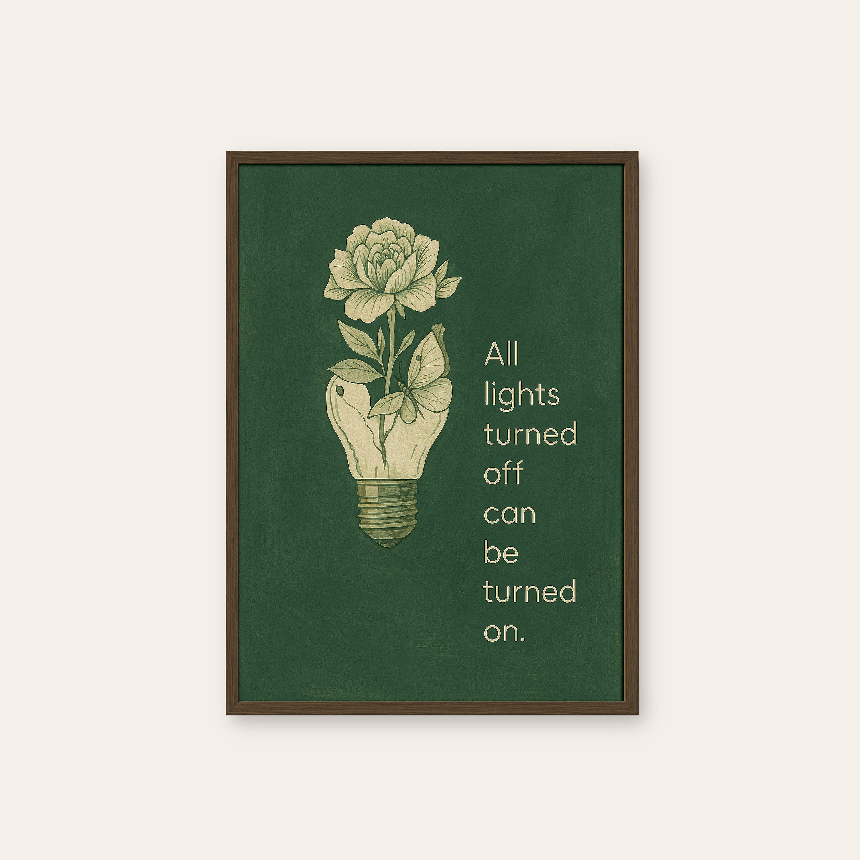 Lights Back On — Lightbulb Rose Print – dark wood frame