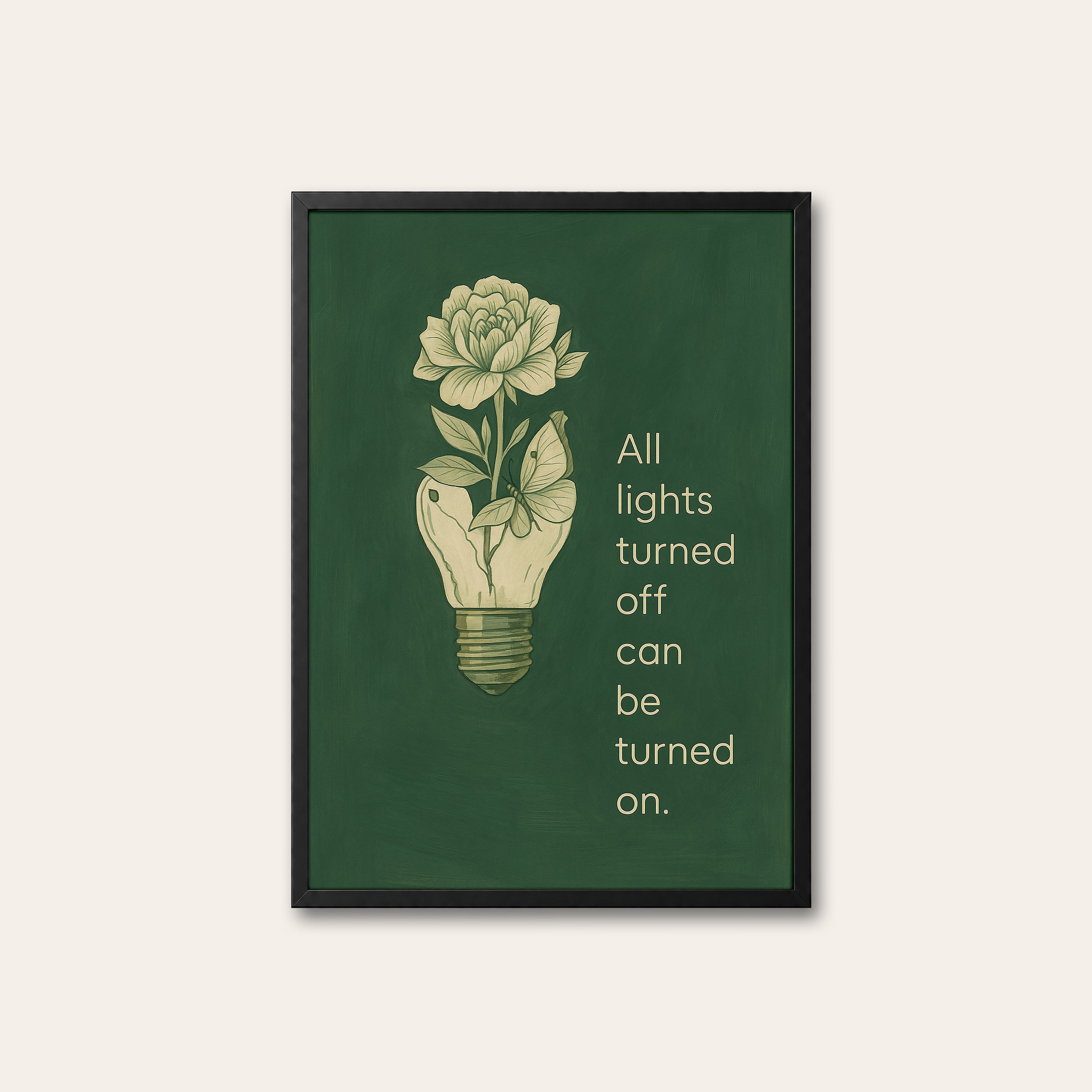 Lights Back On — Lightbulb Rose Print – black frame