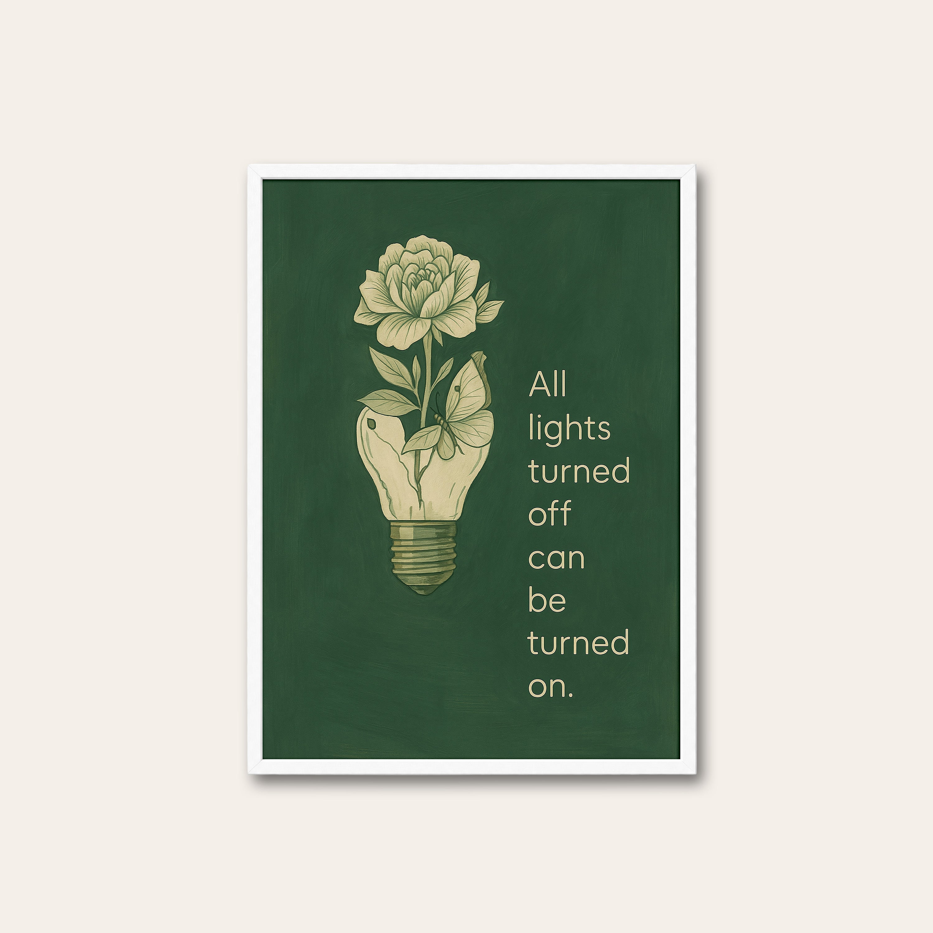 Lights Back On — Lightbulb Rose Print – white frame