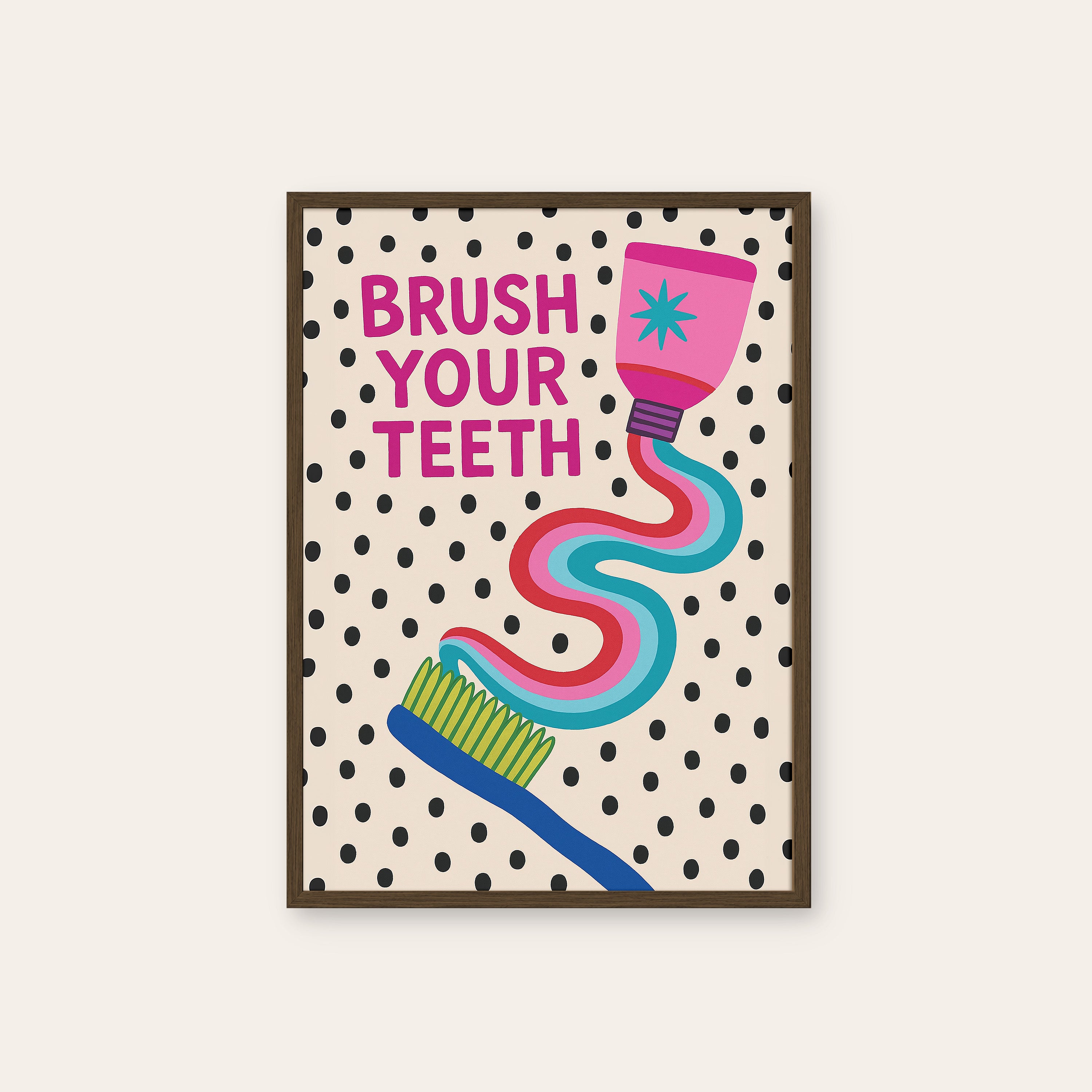 Brush Your Teeth — Bathroom Art Print – dark wood frame