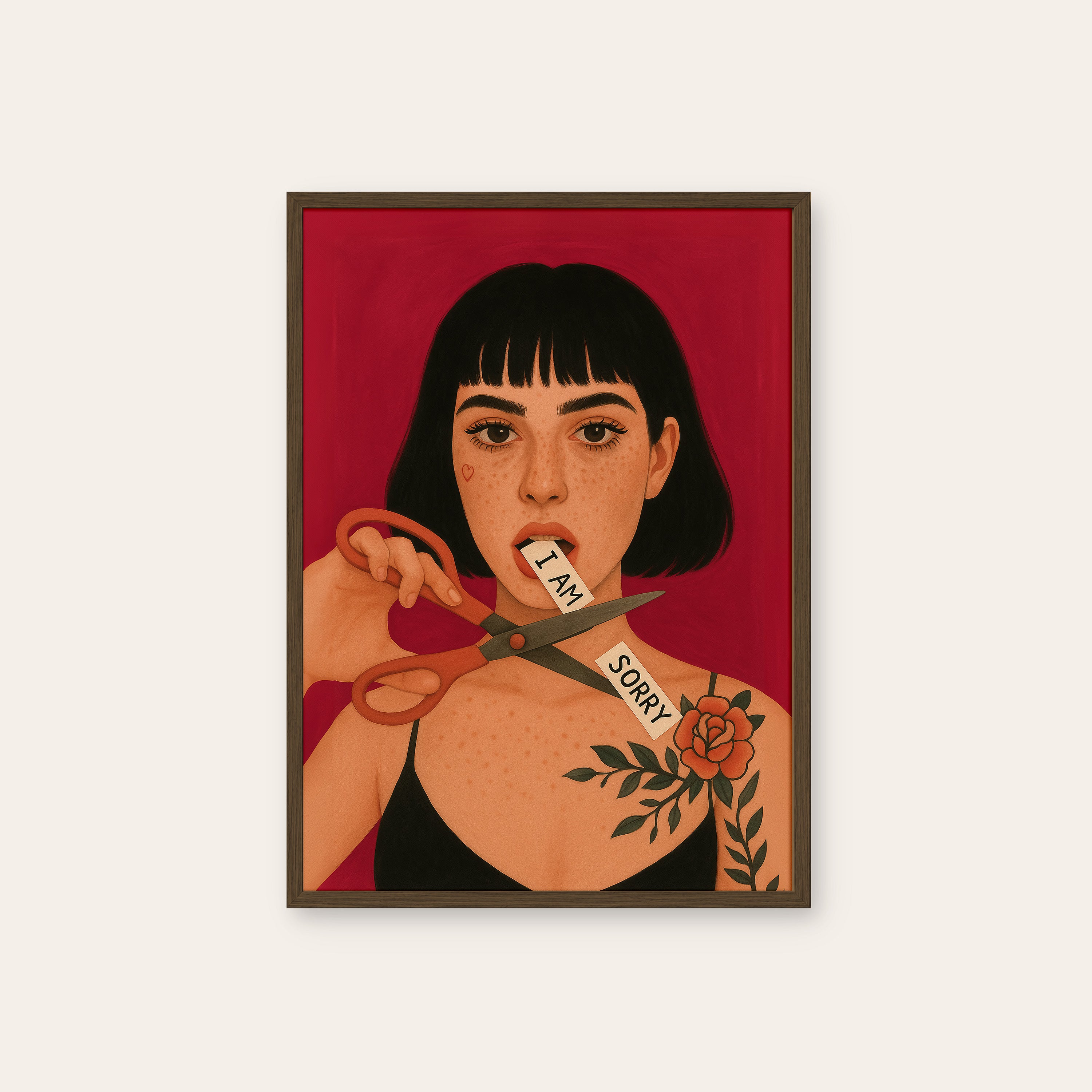 Cutting It Out — Sorry Print – dark wood frame