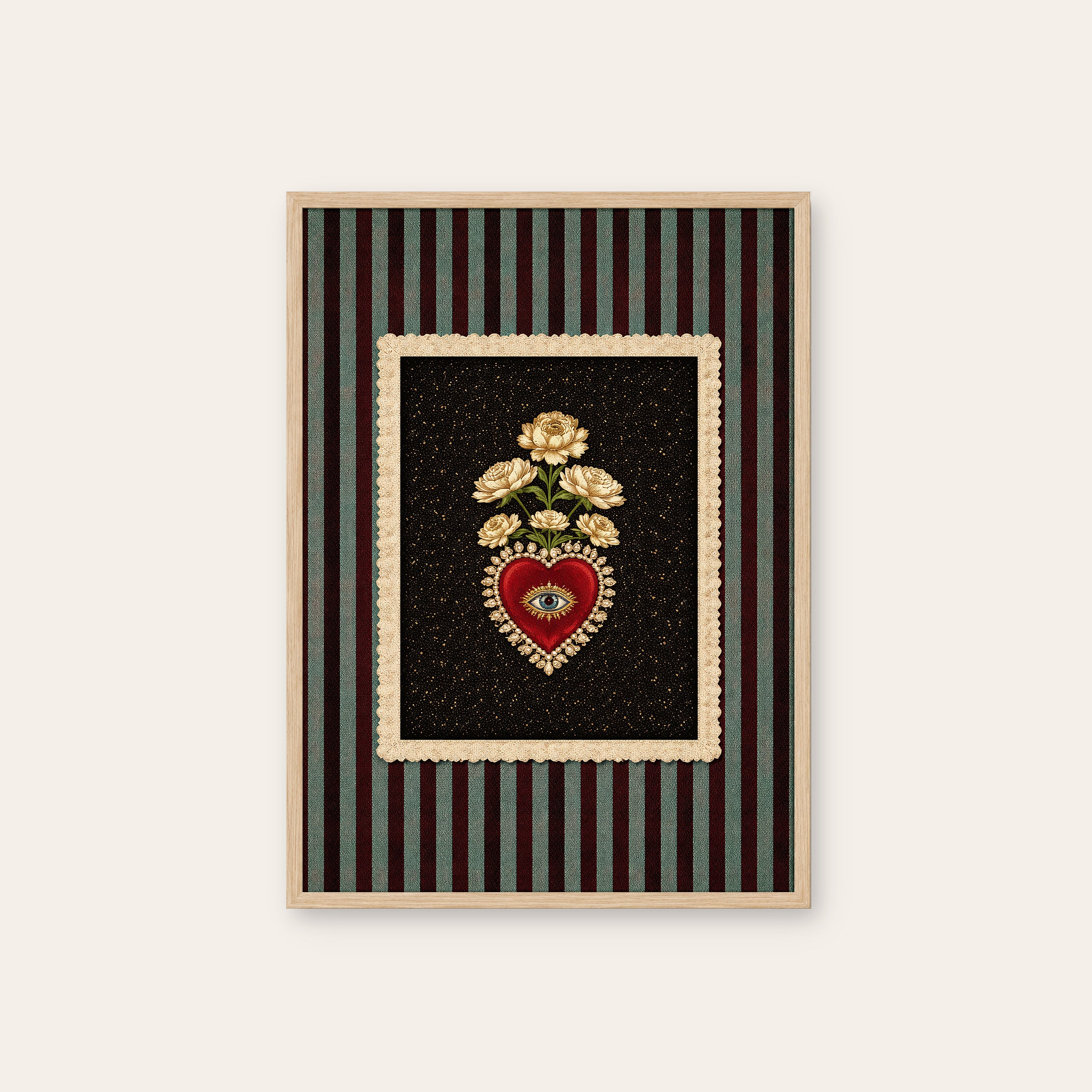 Sacred Heart Patch — Embroidered Print – natural wood frame