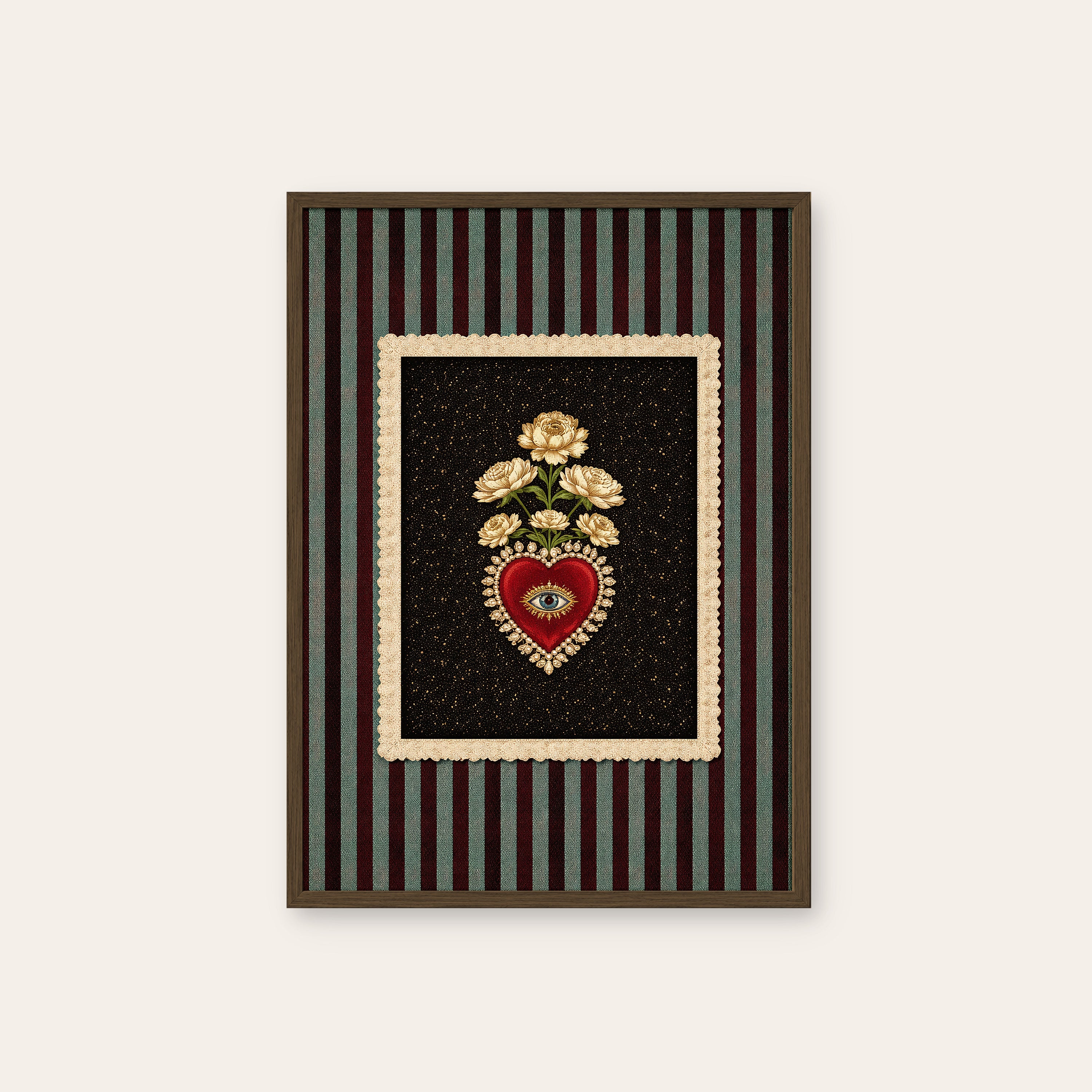 Sacred Heart Patch — Embroidered Print – dark wood frame
