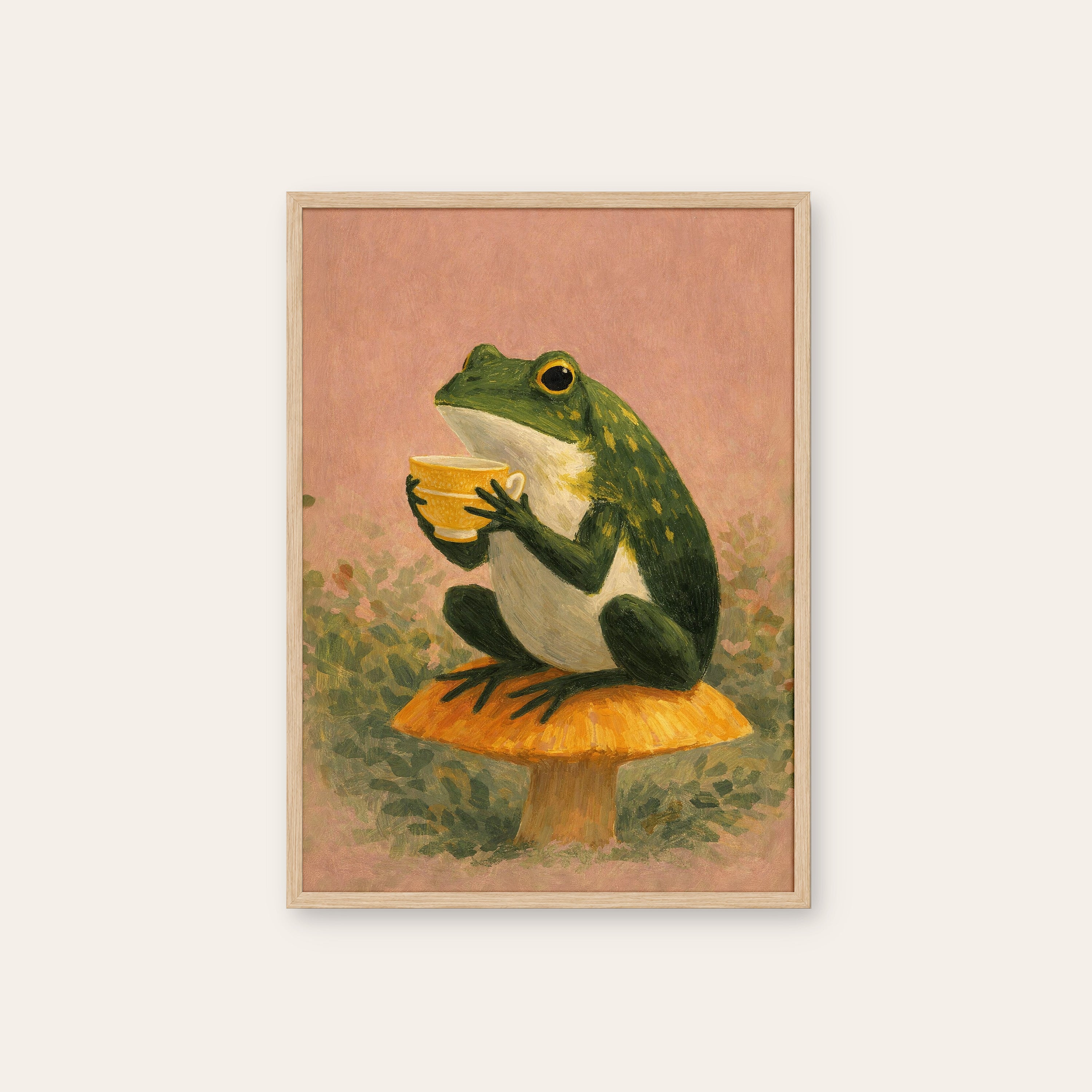 Tea on the Toadstool — Frog Print – natural wood frame