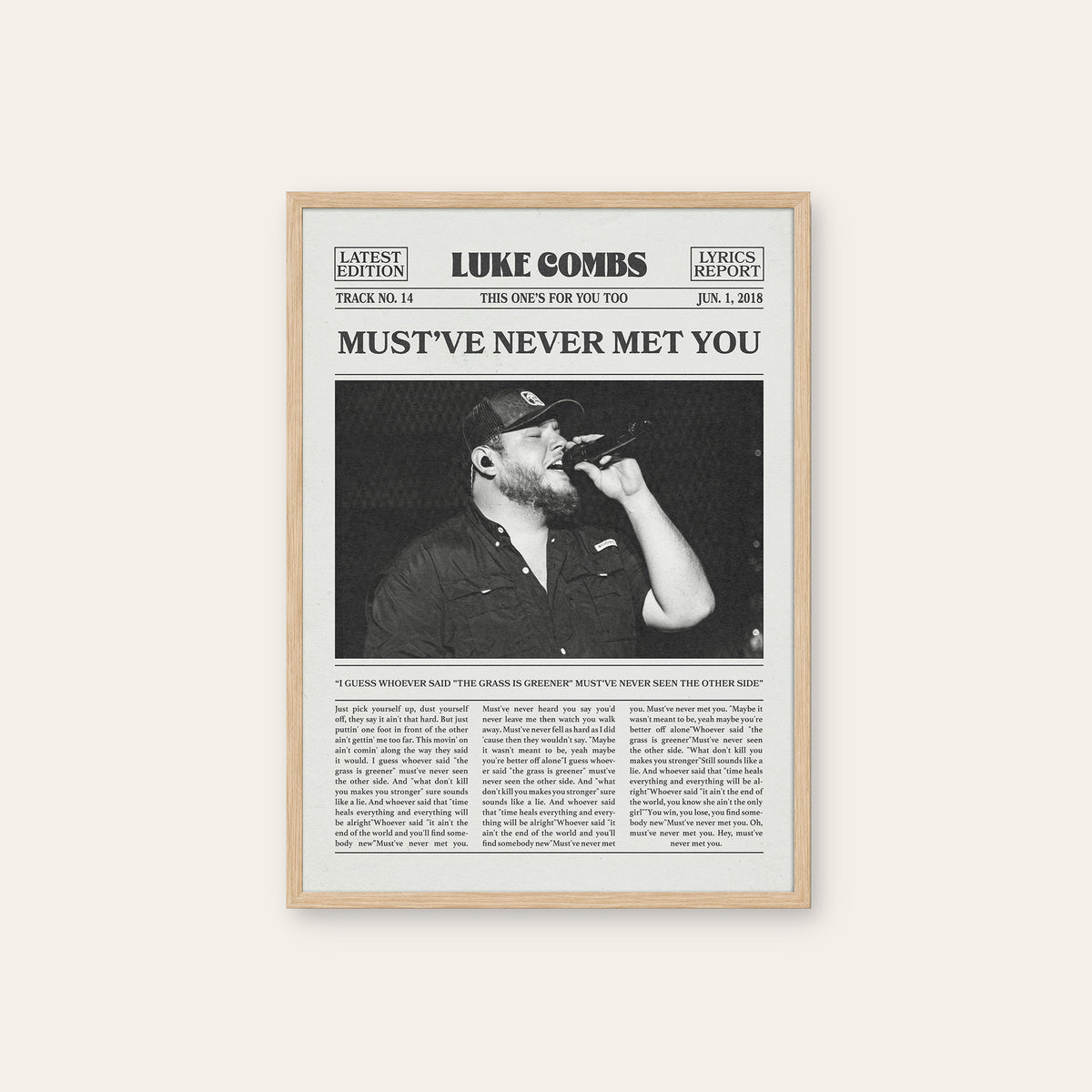 Luke Combs Must've Never Met You newspaper poster — natural wood frame