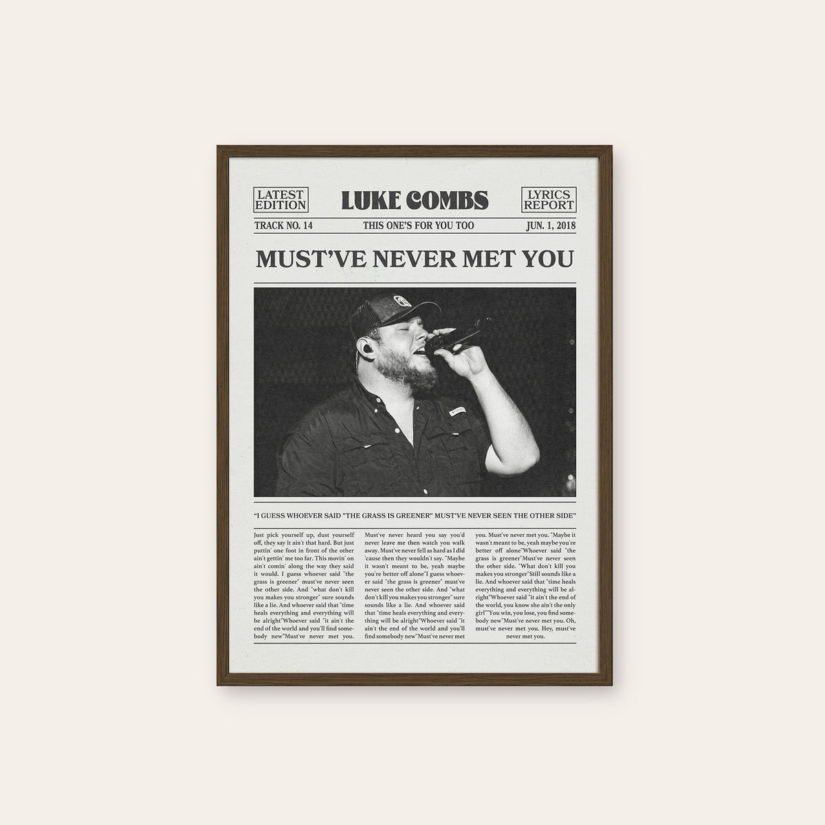 Luke Combs Must've Never Met You newspaper poster — dark wood frame
