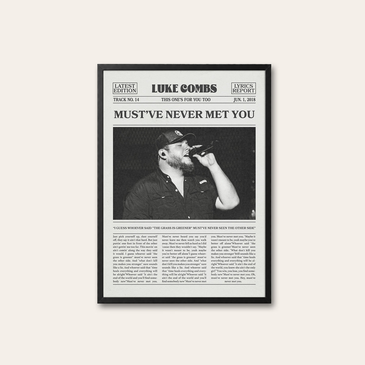 Luke Combs Must've Never Met You newspaper poster — black frame