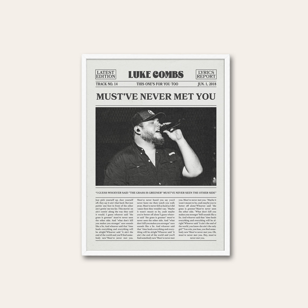 Luke Combs Must've Never Met You newspaper poster — white frame