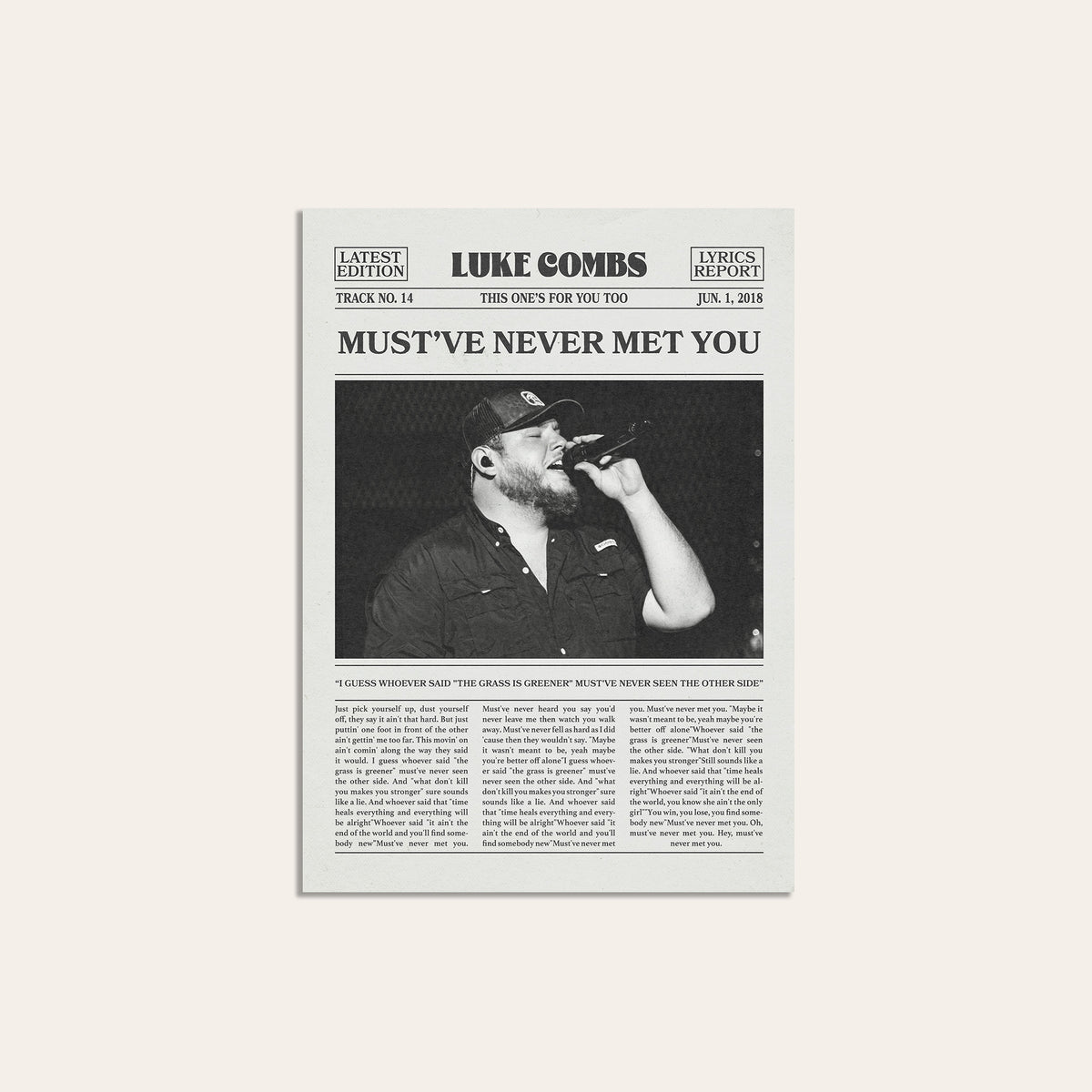 Luke Combs Must've Never Met You newspaper poster — unframed print
