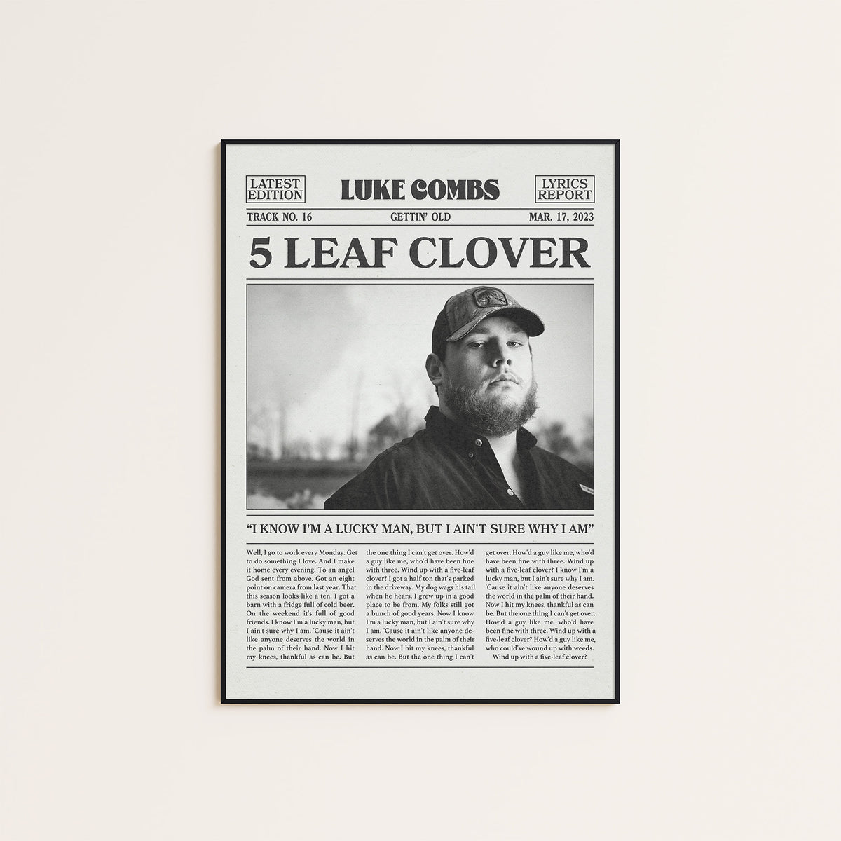 Luke Combs 5 Leaf Clover newspaper poster — black frame display