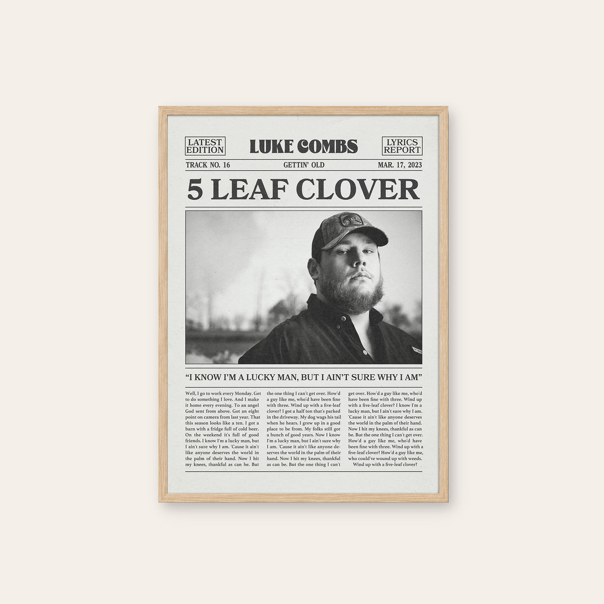 Luke Combs 5 Leaf Clover newspaper poster — natural wood frame