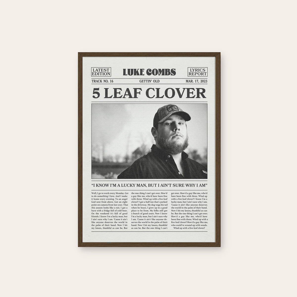 Luke Combs 5 Leaf Clover newspaper poster — dark wood frame